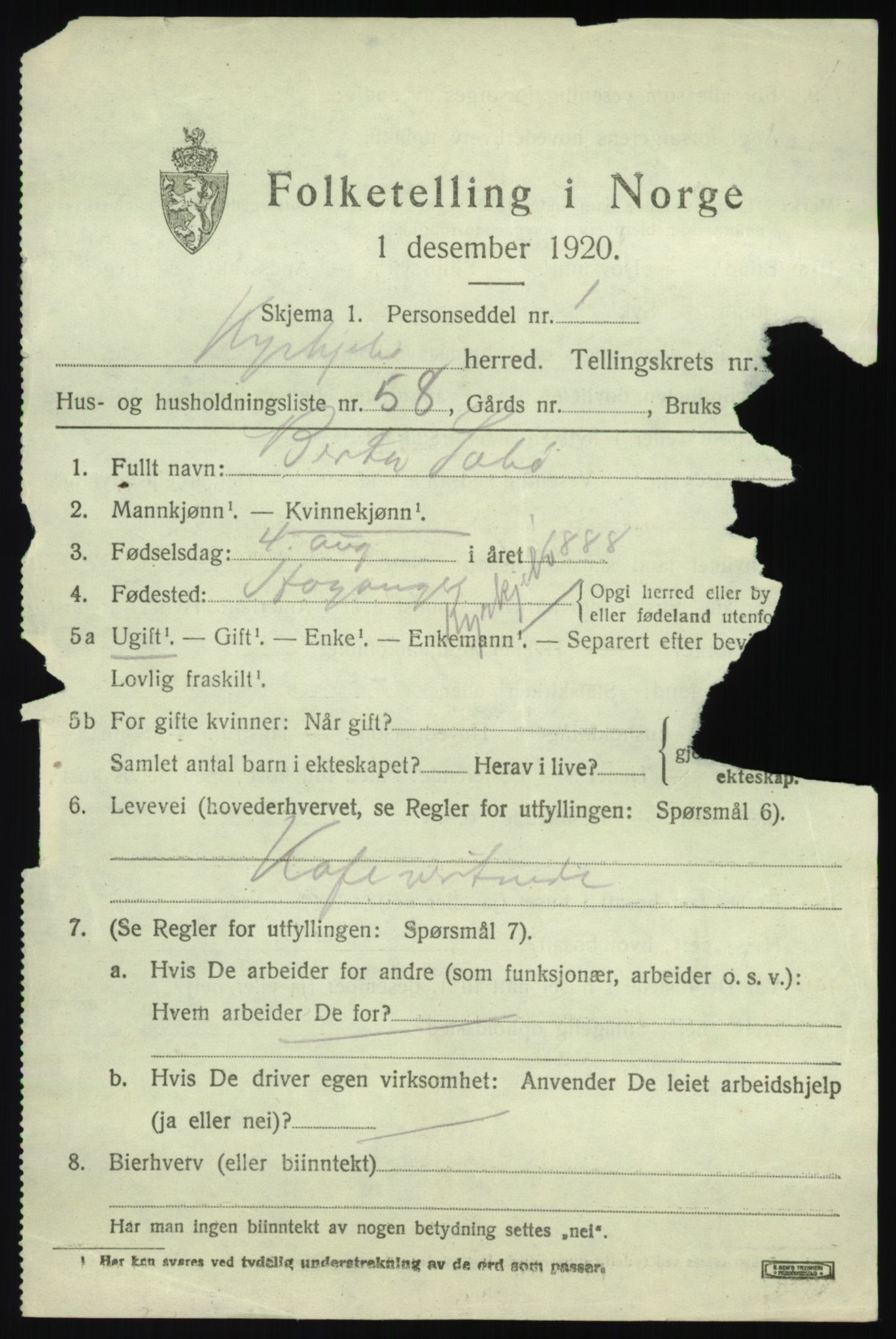 SAB, 1920 census for Kyrkjebø, 1920, p. 5445