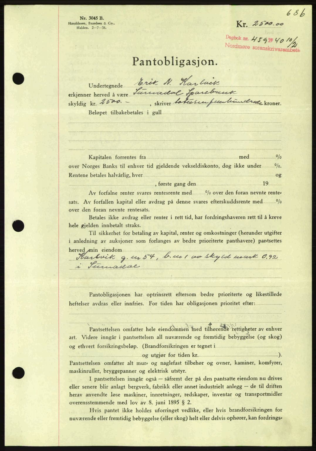 Nordmøre sorenskriveri, AV/SAT-A-4132/1/2/2Ca: Mortgage book no. B86, 1939-1940, Diary no: : 459/1940