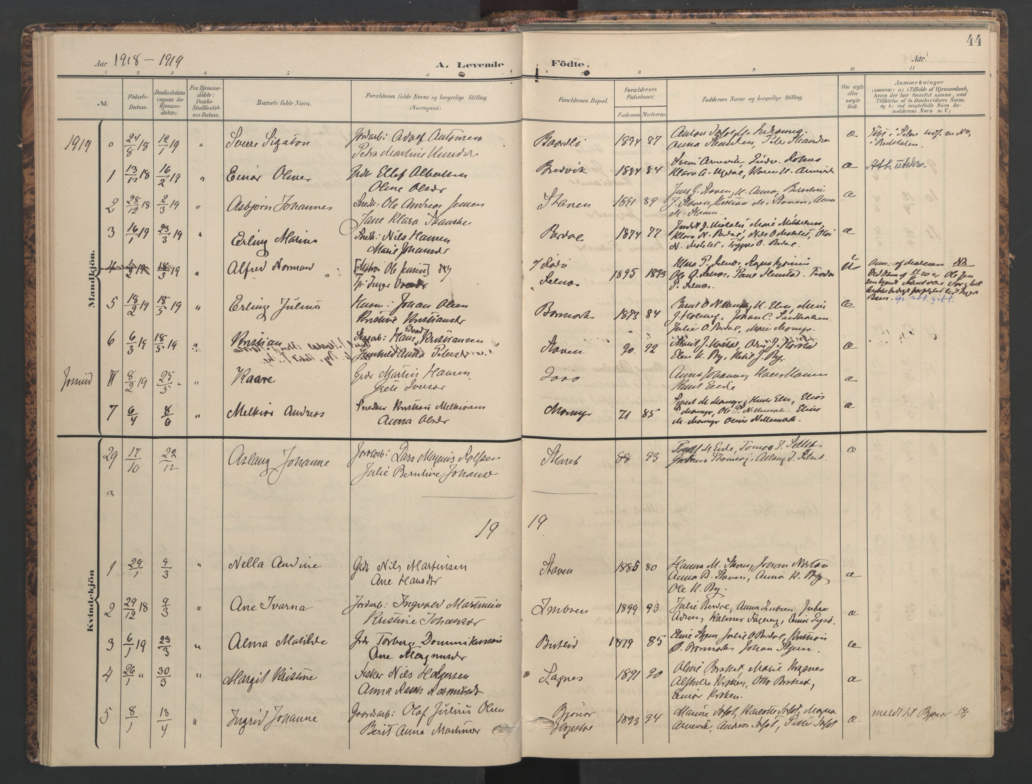 Ministerialprotokoller, klokkerbøker og fødselsregistre - Sør-Trøndelag, SAT/A-1456/655/L0682: Parish register (official) no. 655A11, 1908-1922, p. 44