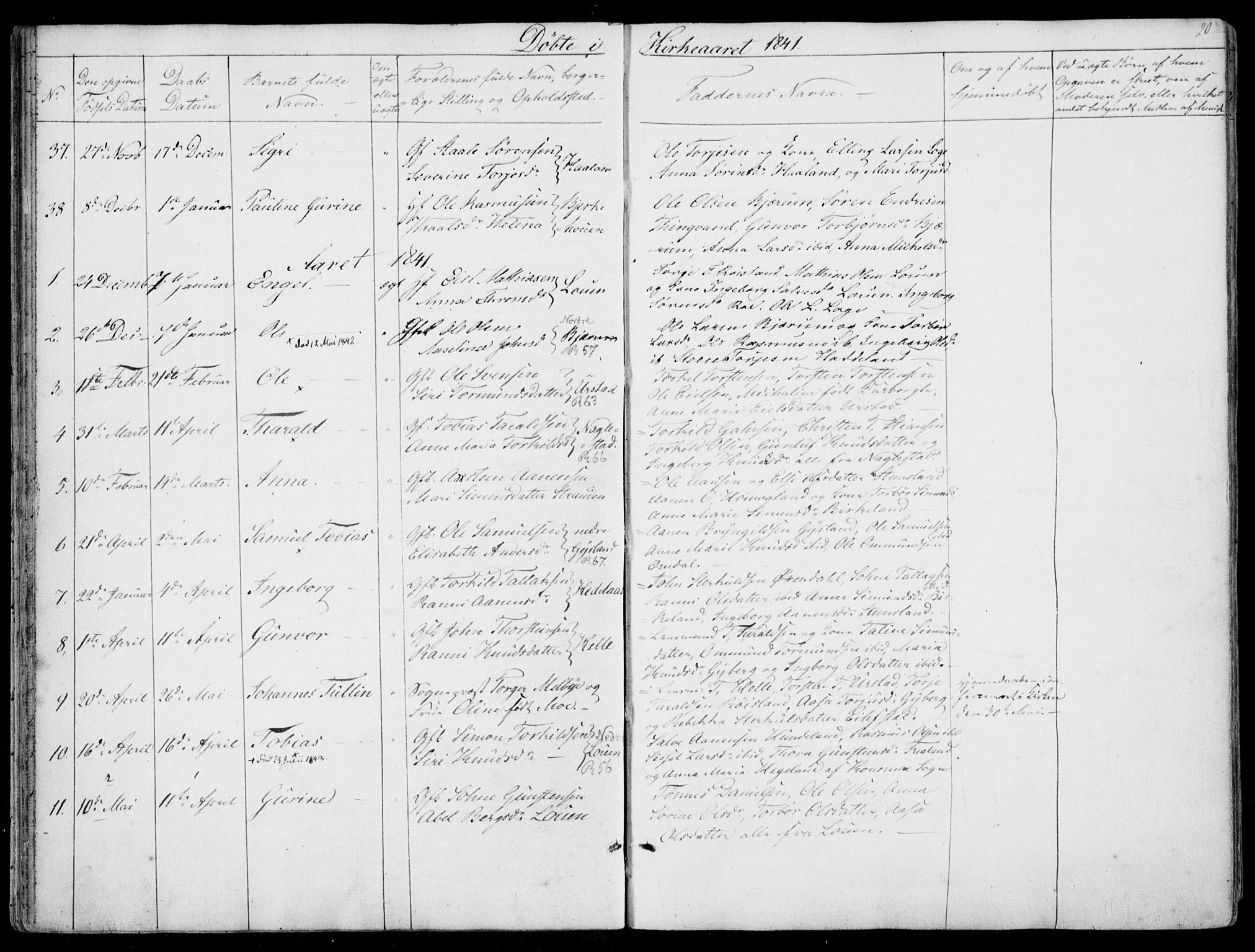 Hægebostad sokneprestkontor, SAK/1111-0024/F/Fa/Faa/L0004: Parish register (official) no. A 4, 1834-1864, p. 20