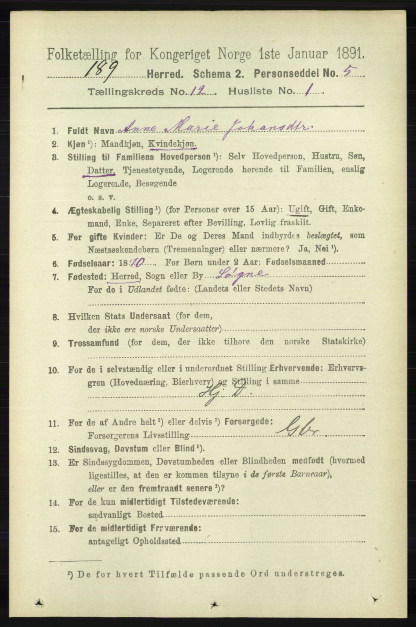 RA, 1891 census for 1018 Søgne, 1891, p. 3125