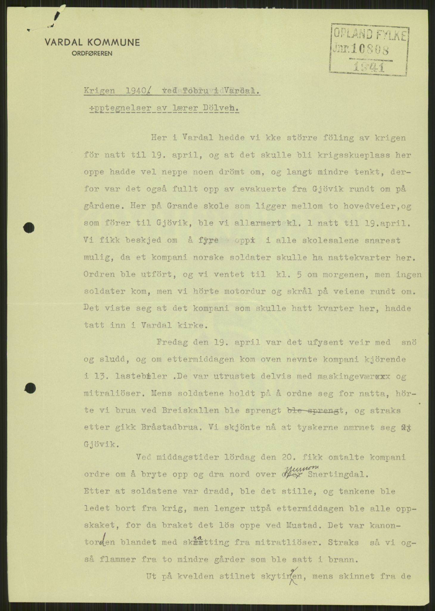 Forsvaret, Forsvarets krigshistoriske avdeling, AV/RA-RAFA-2017/Y/Ya/L0014: II-C-11-31 - Fylkesmenn.  Rapporter om krigsbegivenhetene 1940., 1940, p. 238