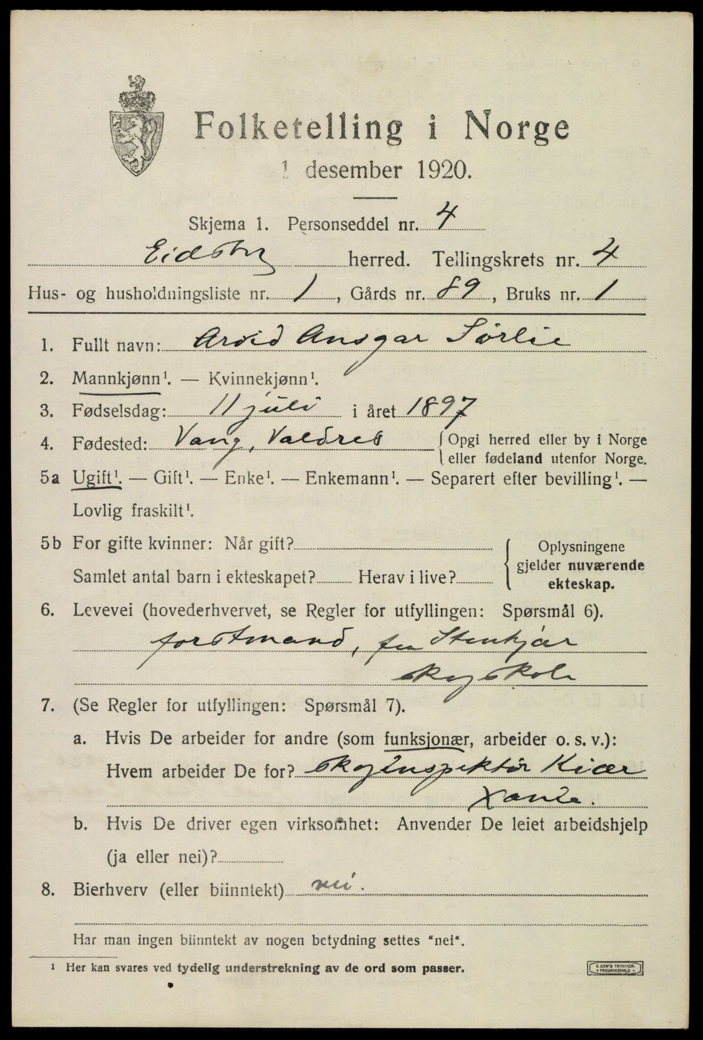 SAO, 1920 census for Eidsberg, 1920, p. 5731