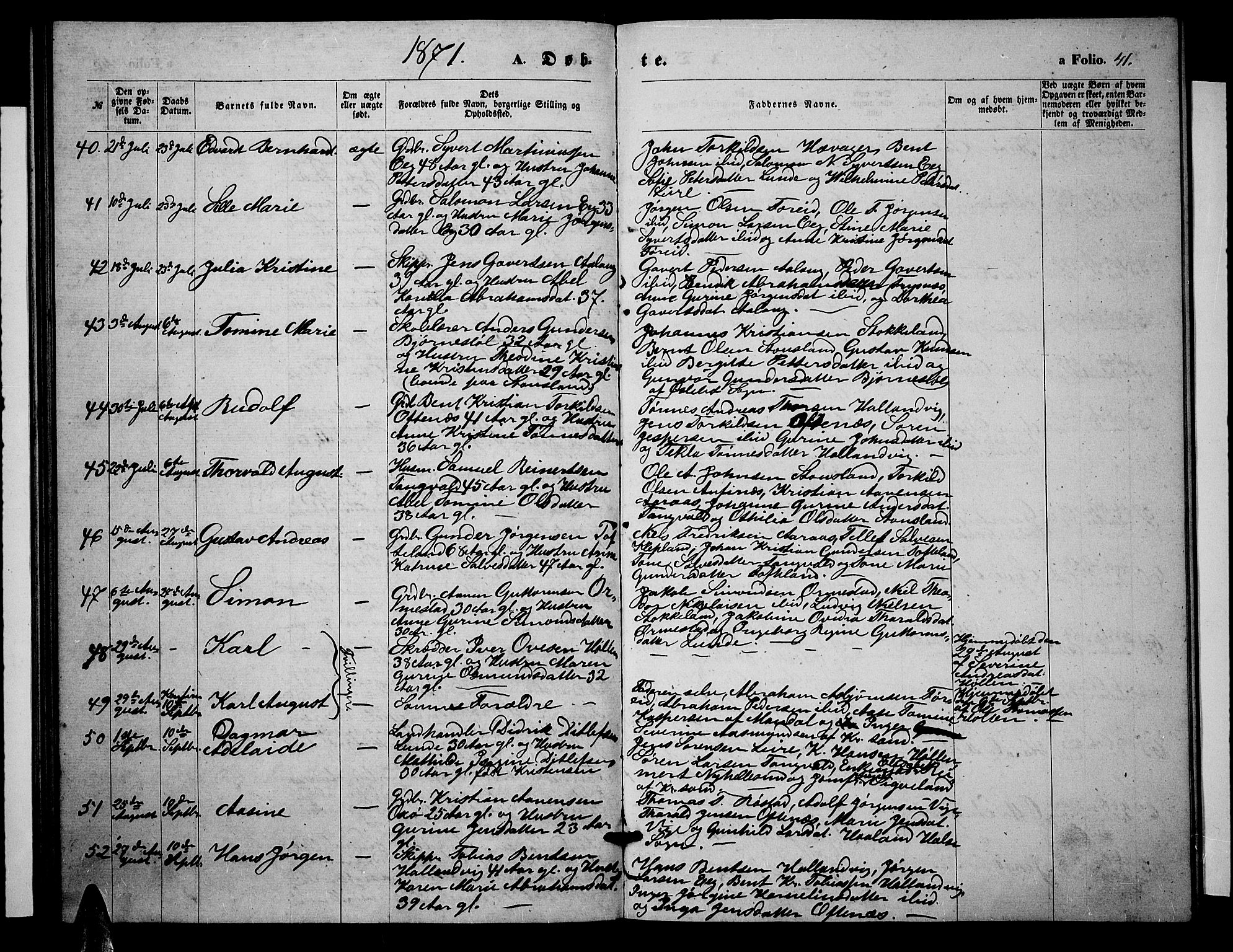 Søgne sokneprestkontor, SAK/1111-0037/F/Fb/Fbb/L0004: Parish register (copy) no. B 4, 1864-1883, p. 41