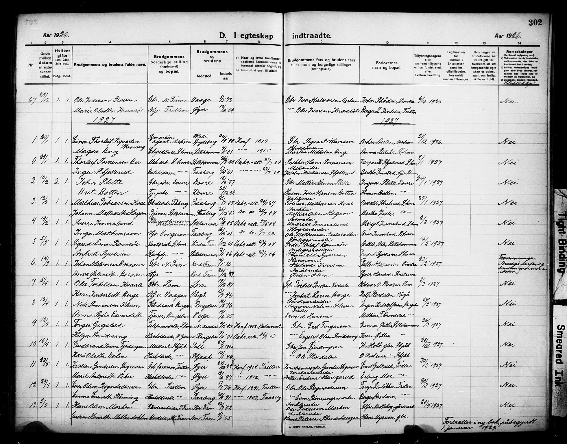 Lillehammer prestekontor, SAH/PREST-088/H/Ha/Hab/L0002: Parish register (copy) no. 2, 1913-1929, p. 302
