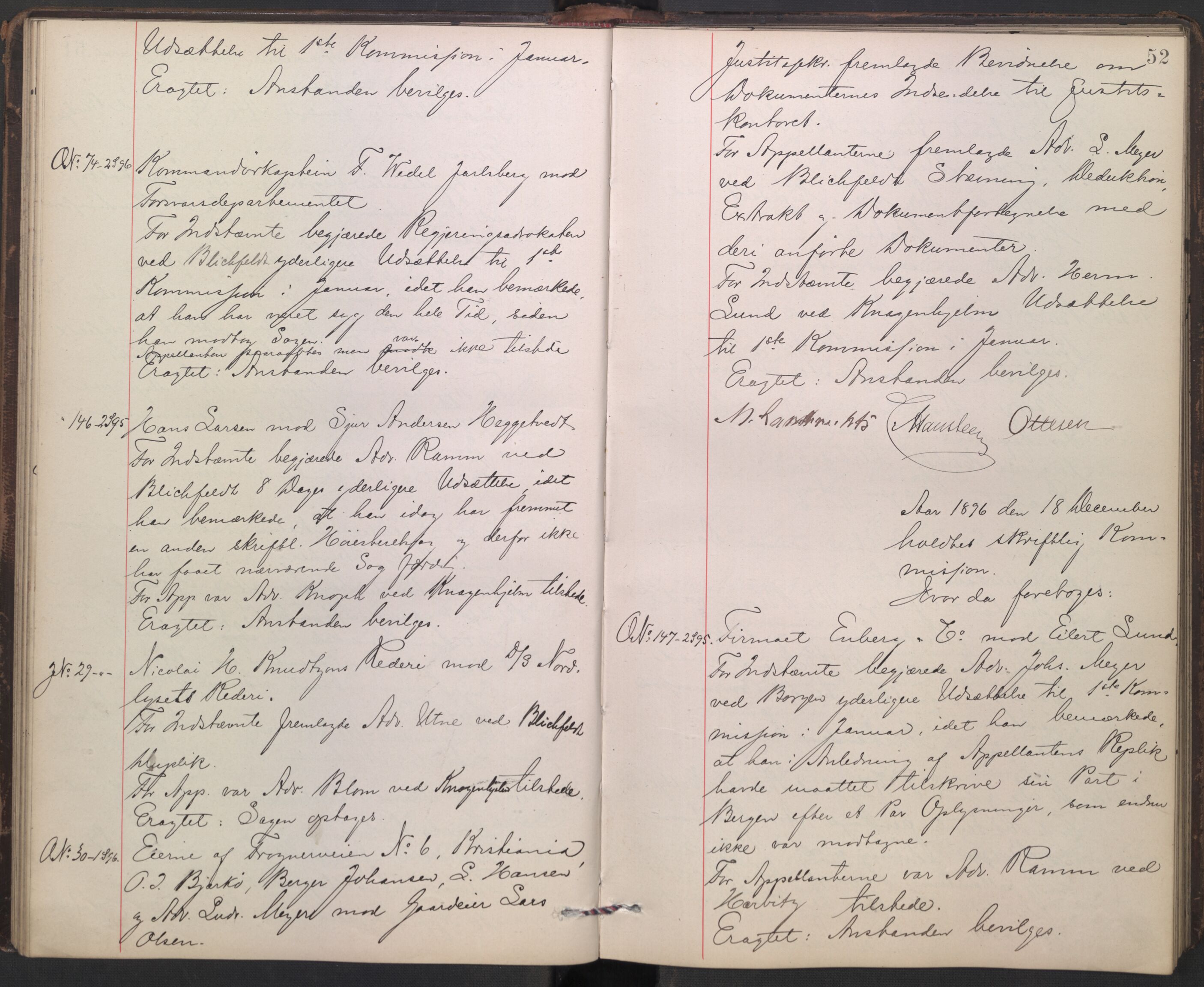 Høyesterett, AV/RA-S-1002/E/Ef/L0018: Protokoll over saker som gikk til skriftlig behandling, 1896-1898, p. 51b-52a