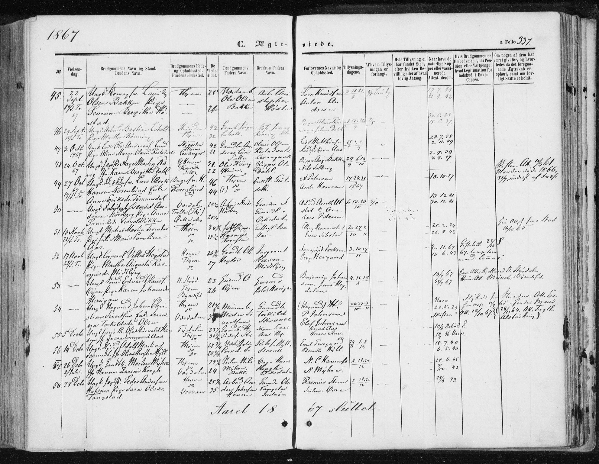 Ministerialprotokoller, klokkerbøker og fødselsregistre - Sør-Trøndelag, SAT/A-1456/602/L0115: Parish register (official) no. 602A13, 1860-1872, p. 337