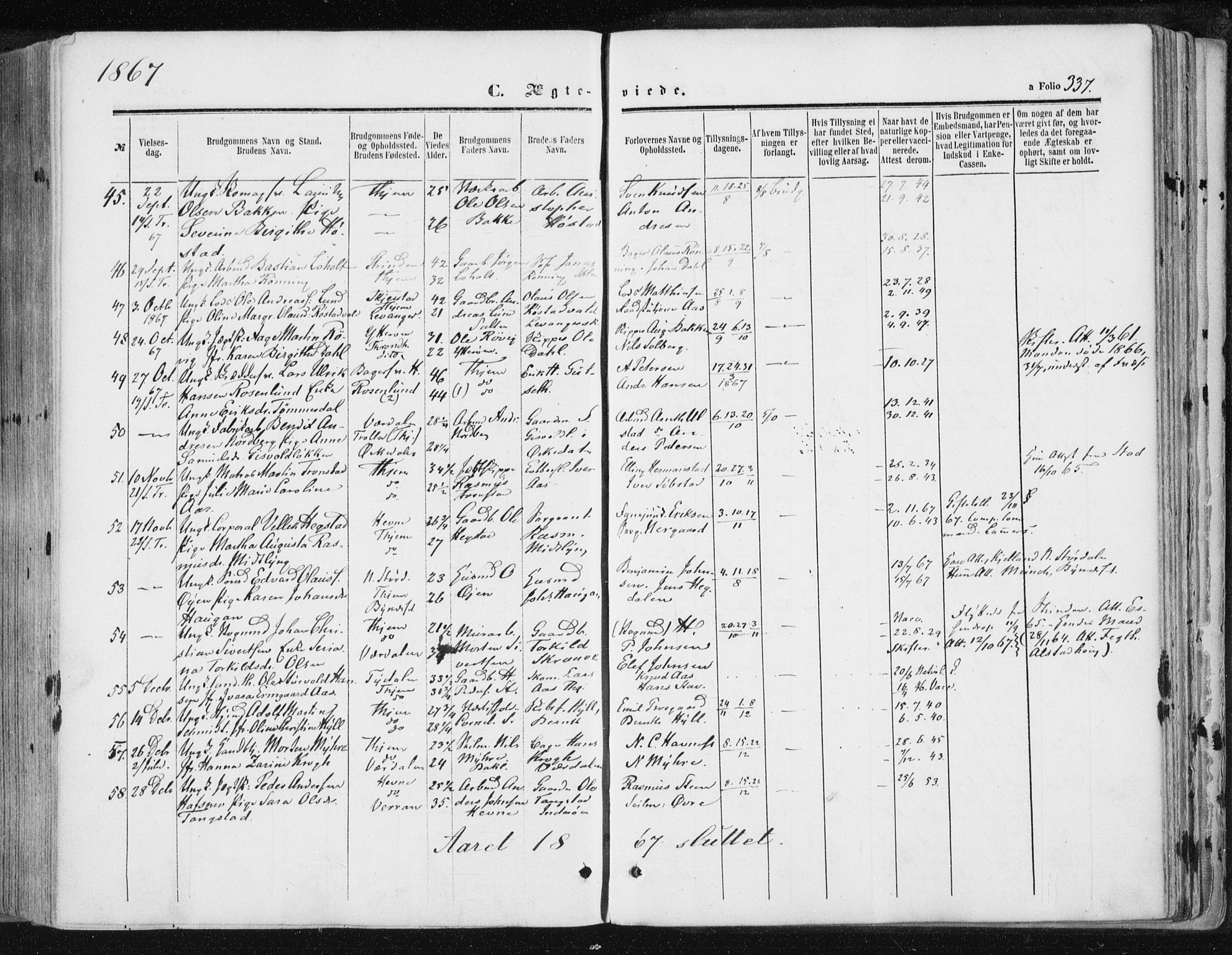 Ministerialprotokoller, klokkerbøker og fødselsregistre - Sør-Trøndelag, AV/SAT-A-1456/602/L0115: Parish register (official) no. 602A13, 1860-1872, p. 337