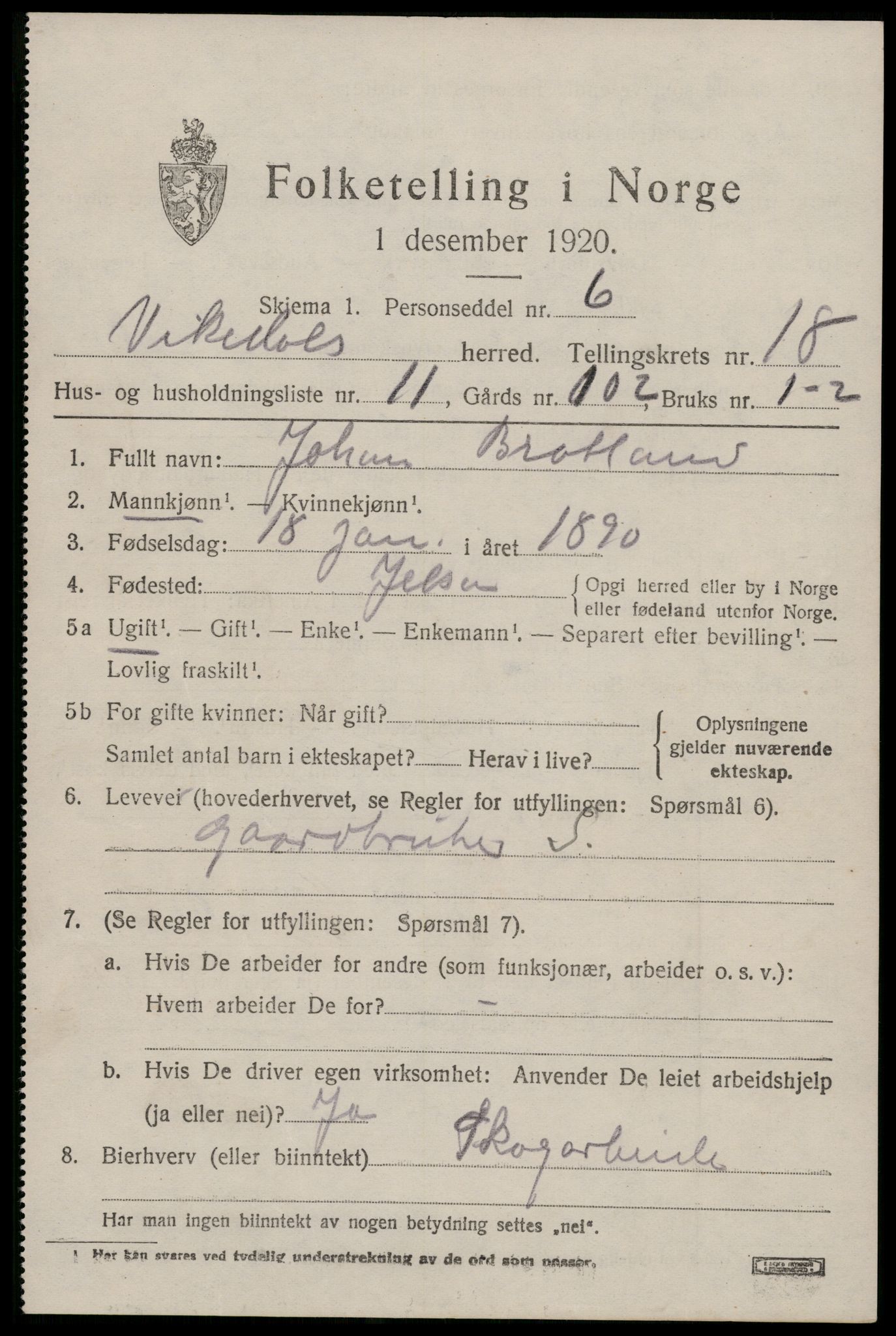 SAST, 1920 census for Vikedal, 1920, p. 5301