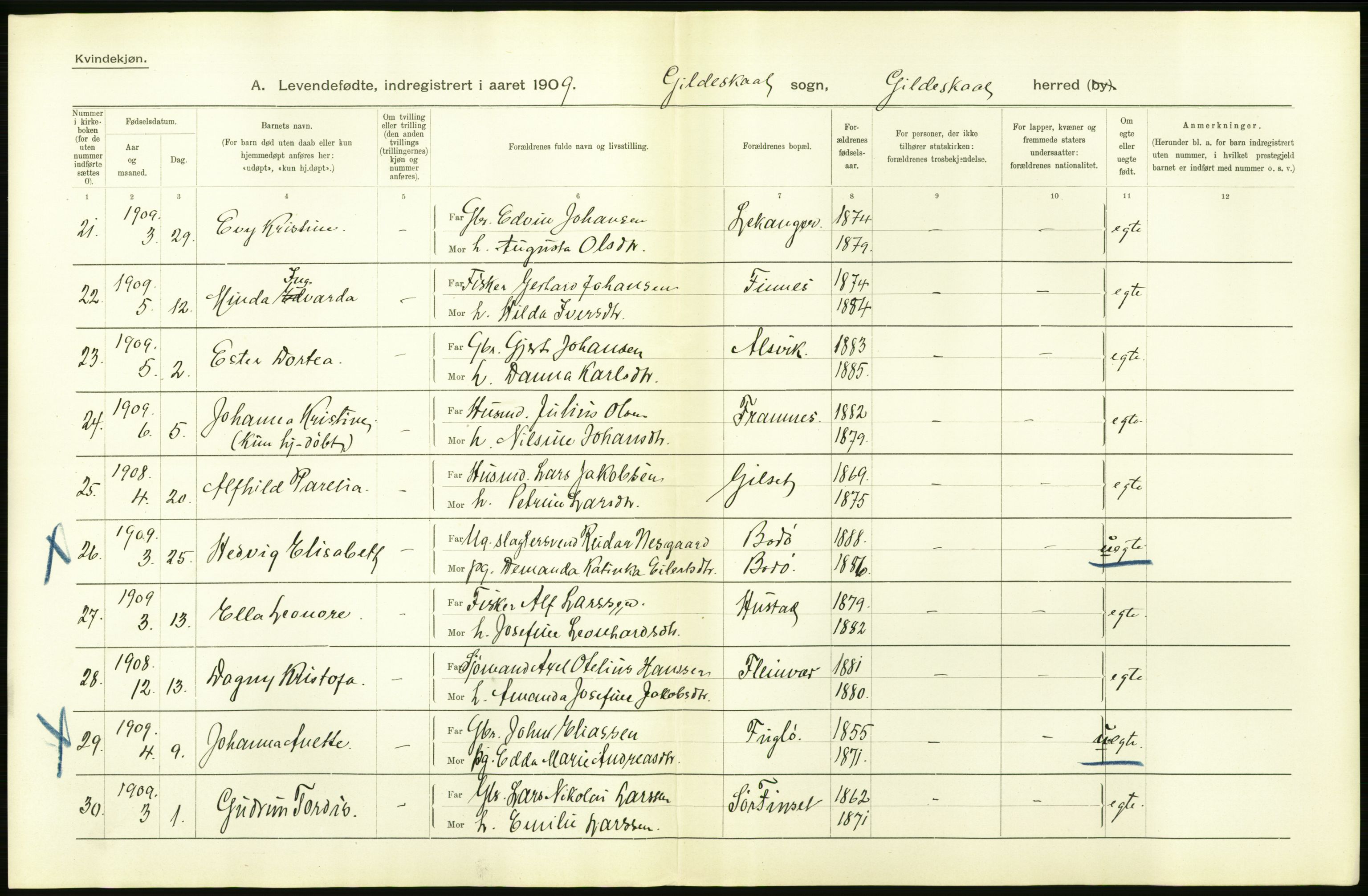 Statistisk sentralbyrå, Sosiodemografiske emner, Befolkning, AV/RA-S-2228/D/Df/Dfa/Dfag/L0044: Nordlands amt: Levendefødte menn og kvinner. Bygder., 1909, p. 16