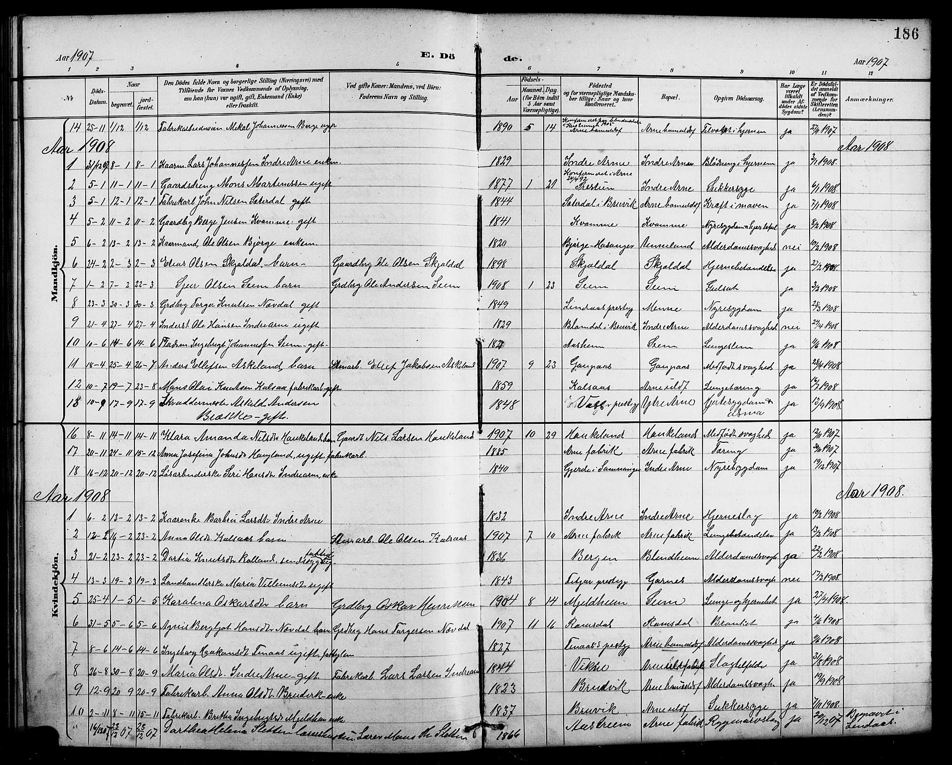 Arna Sokneprestembete, SAB/A-74001/H/Ha/Hab: Parish register (copy) no. A 4, 1898-1910, p. 186