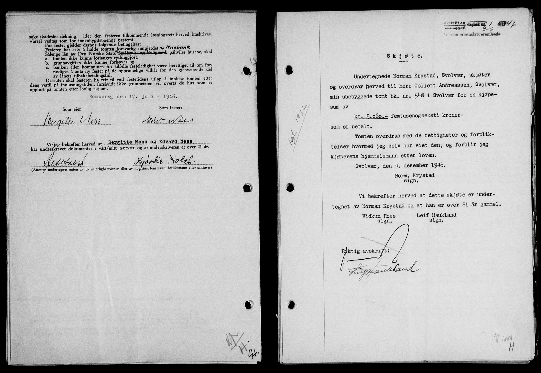 Lofoten sorenskriveri, SAT/A-0017/1/2/2C/L0015a: Mortgage book no. 15a, 1946-1947, Diary no: : 1/1947