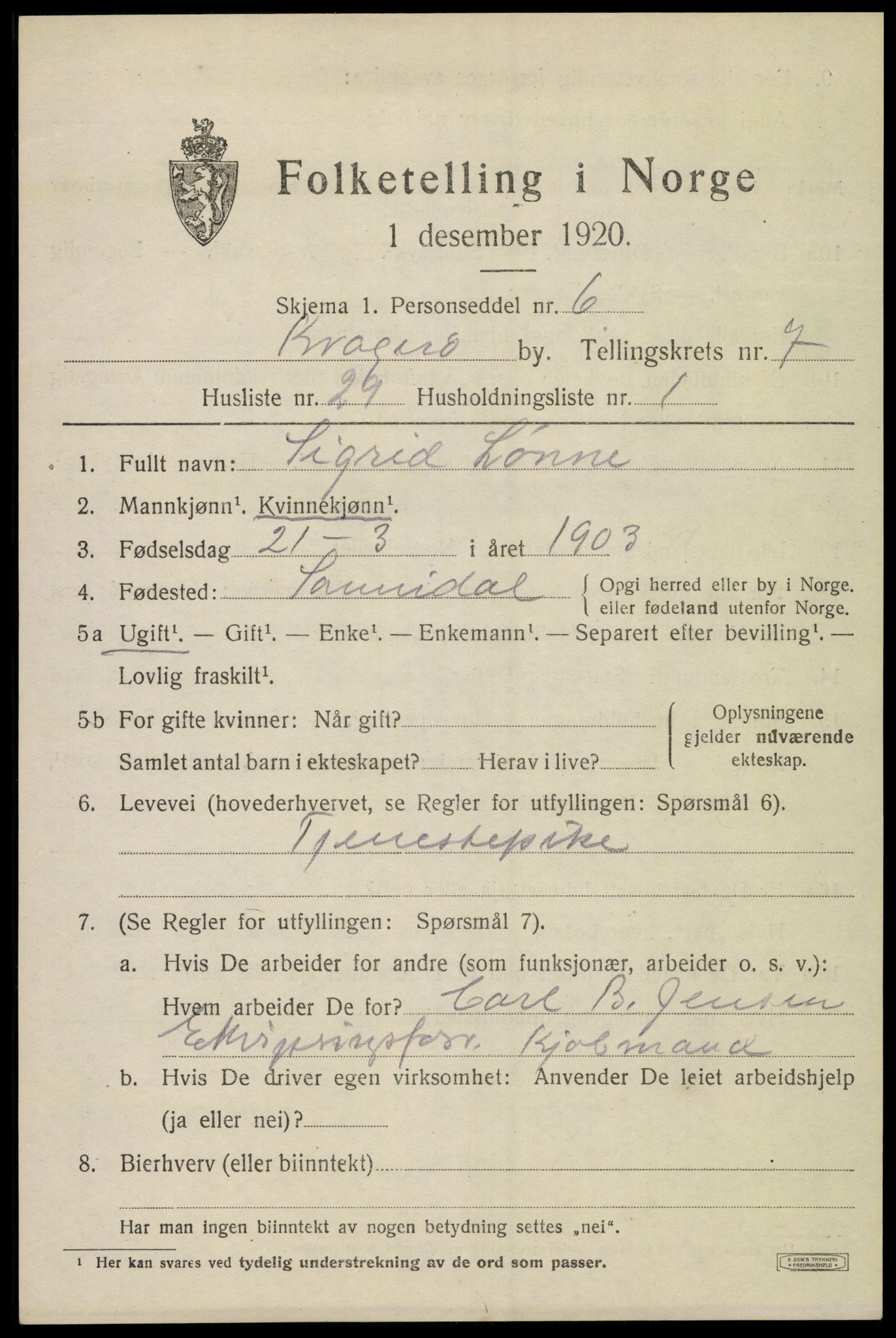 SAKO, 1920 census for Kragerø, 1920, p. 10023