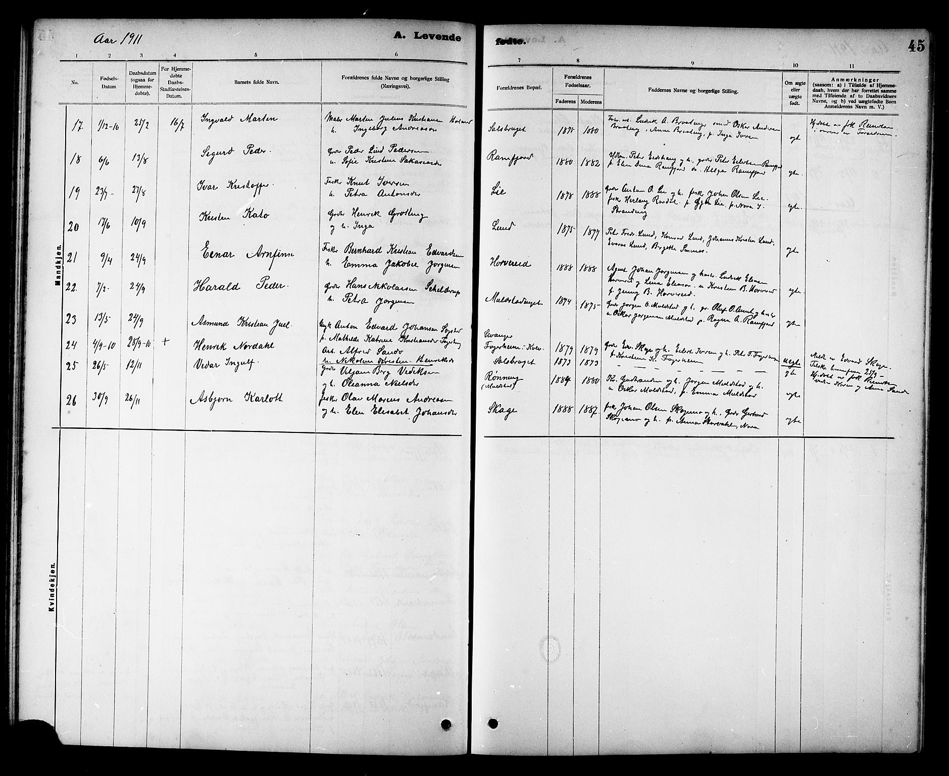 Ministerialprotokoller, klokkerbøker og fødselsregistre - Nord-Trøndelag, SAT/A-1458/780/L0652: Parish register (copy) no. 780C04, 1899-1911, p. 45