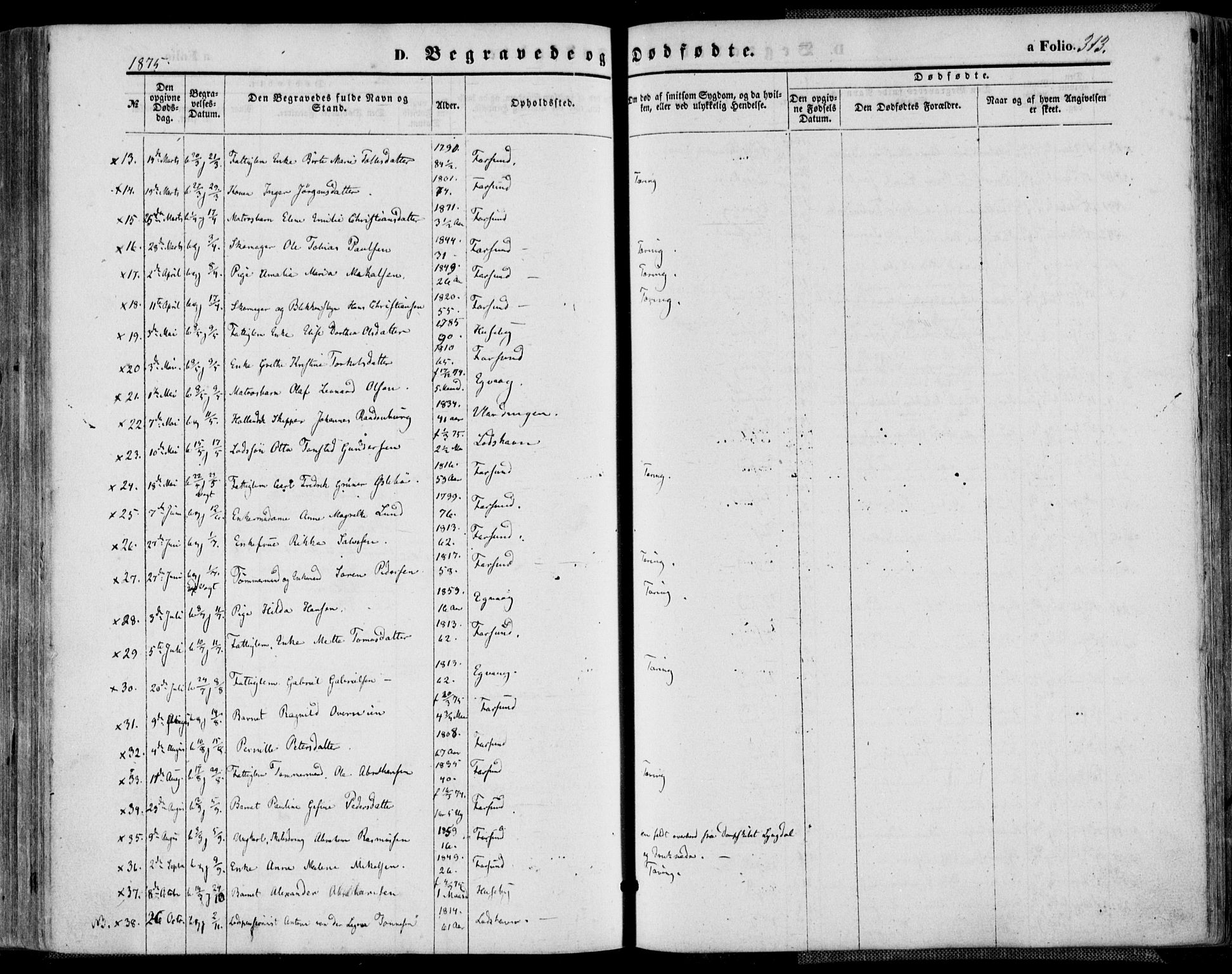 Farsund sokneprestkontor, AV/SAK-1111-0009/F/Fa/L0005: Parish register (official) no. A 5, 1863-1886, p. 313