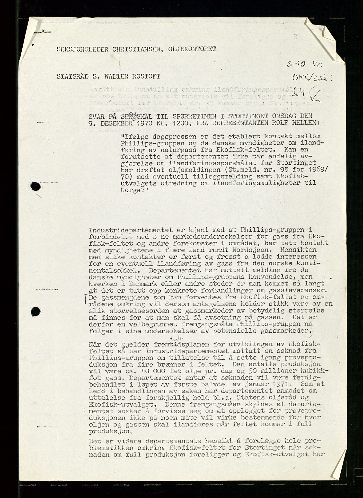 Industridepartementet, Oljekontoret, AV/SAST-A-101348/Dc/L0003: Ekofisk prosjekt, utbygging av Ekofiskfeltet, diverse, 1970-1972