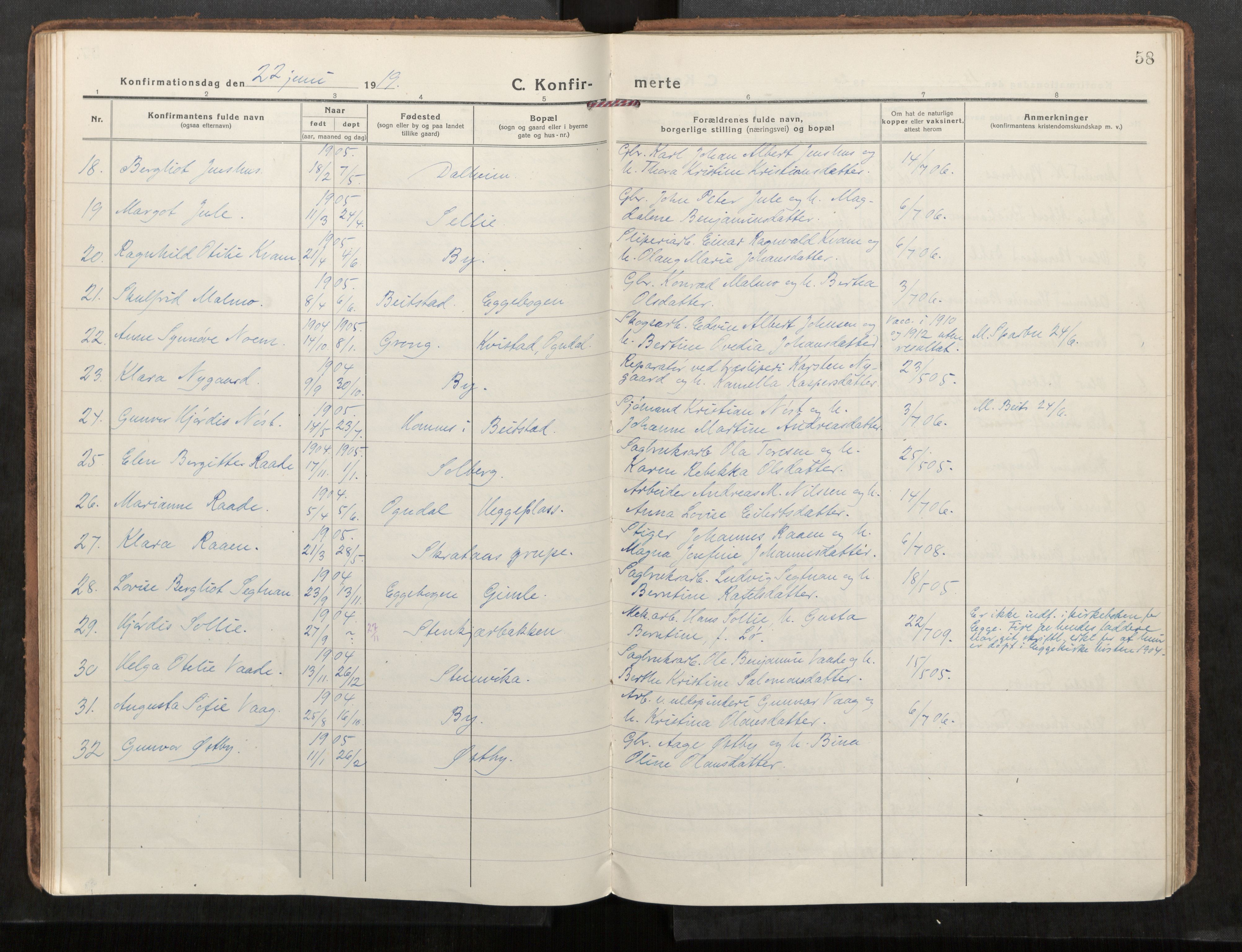 Steinkjer sokneprestkontor, AV/SAT-A-1541/01/H/Ha/Haa/L0004: Parish register (official) no. 4, 1918-1924, p. 58