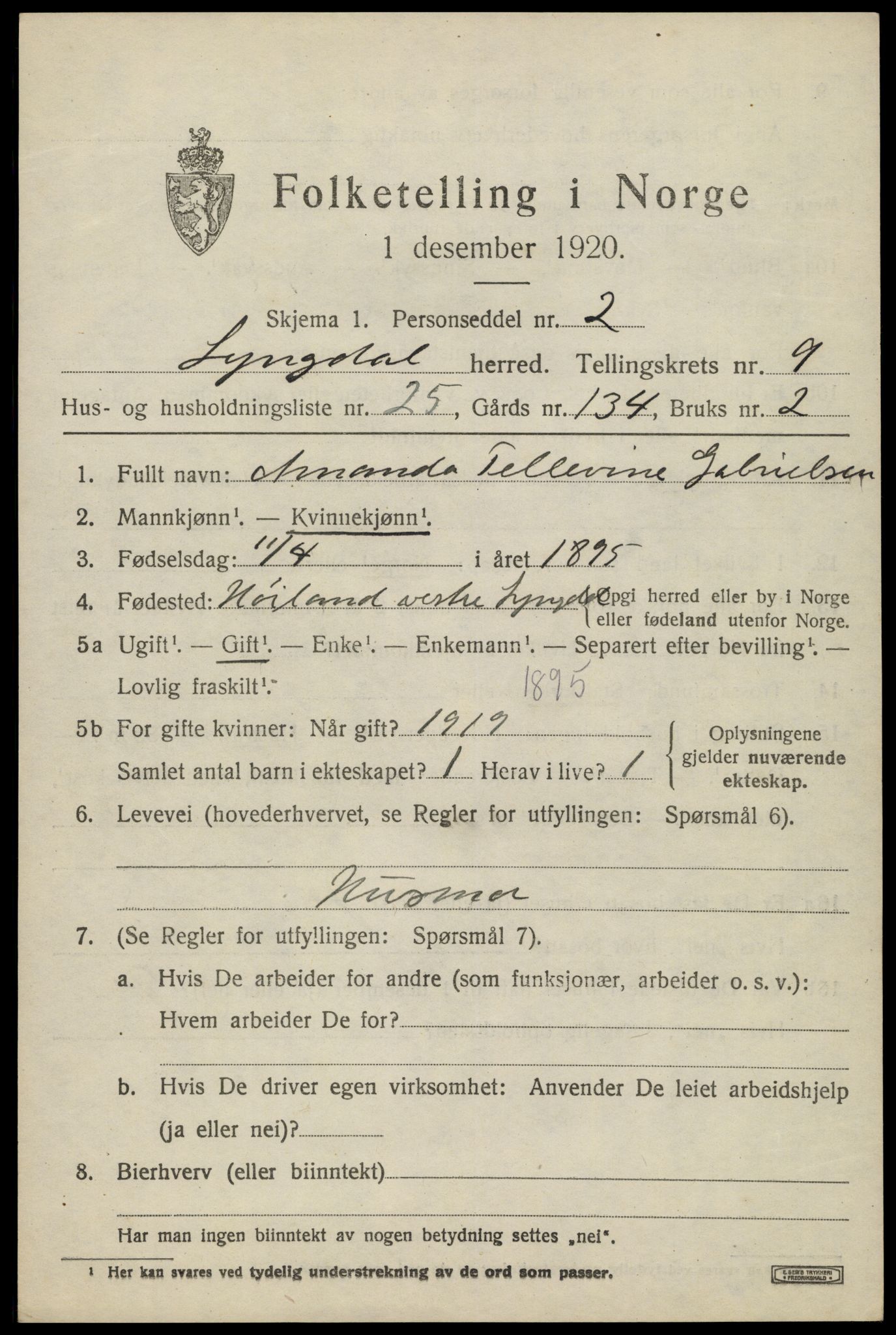 SAK, 1920 census for Lyngdal, 1920, p. 4867