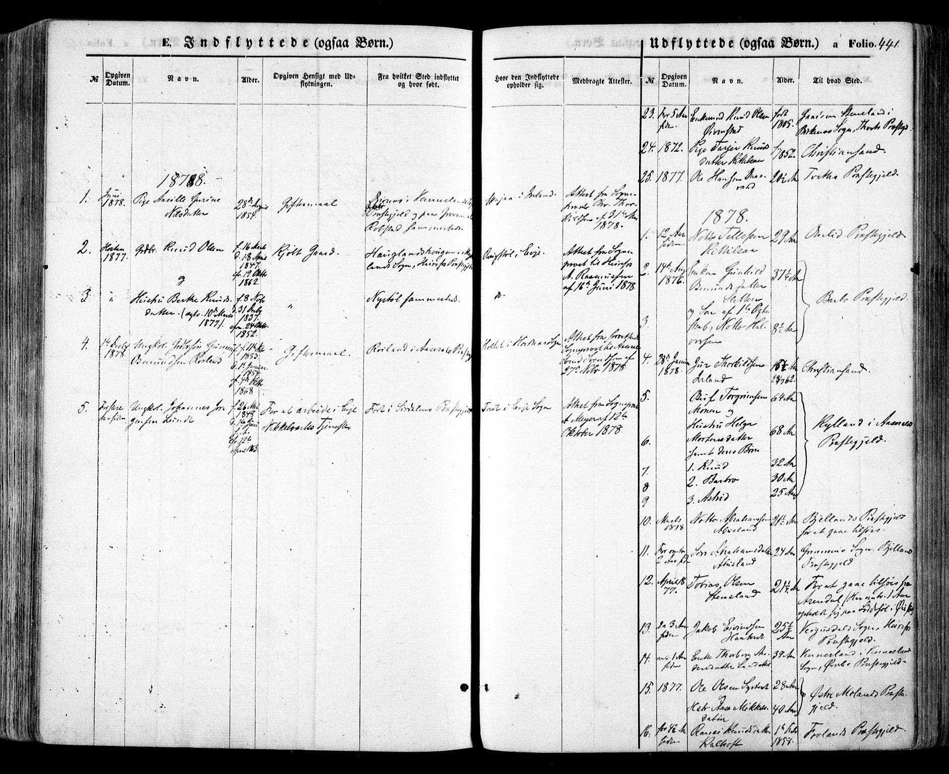Evje sokneprestkontor, SAK/1111-0008/F/Fa/Faa/L0006: Parish register (official) no. A 6, 1866-1884, p. 441