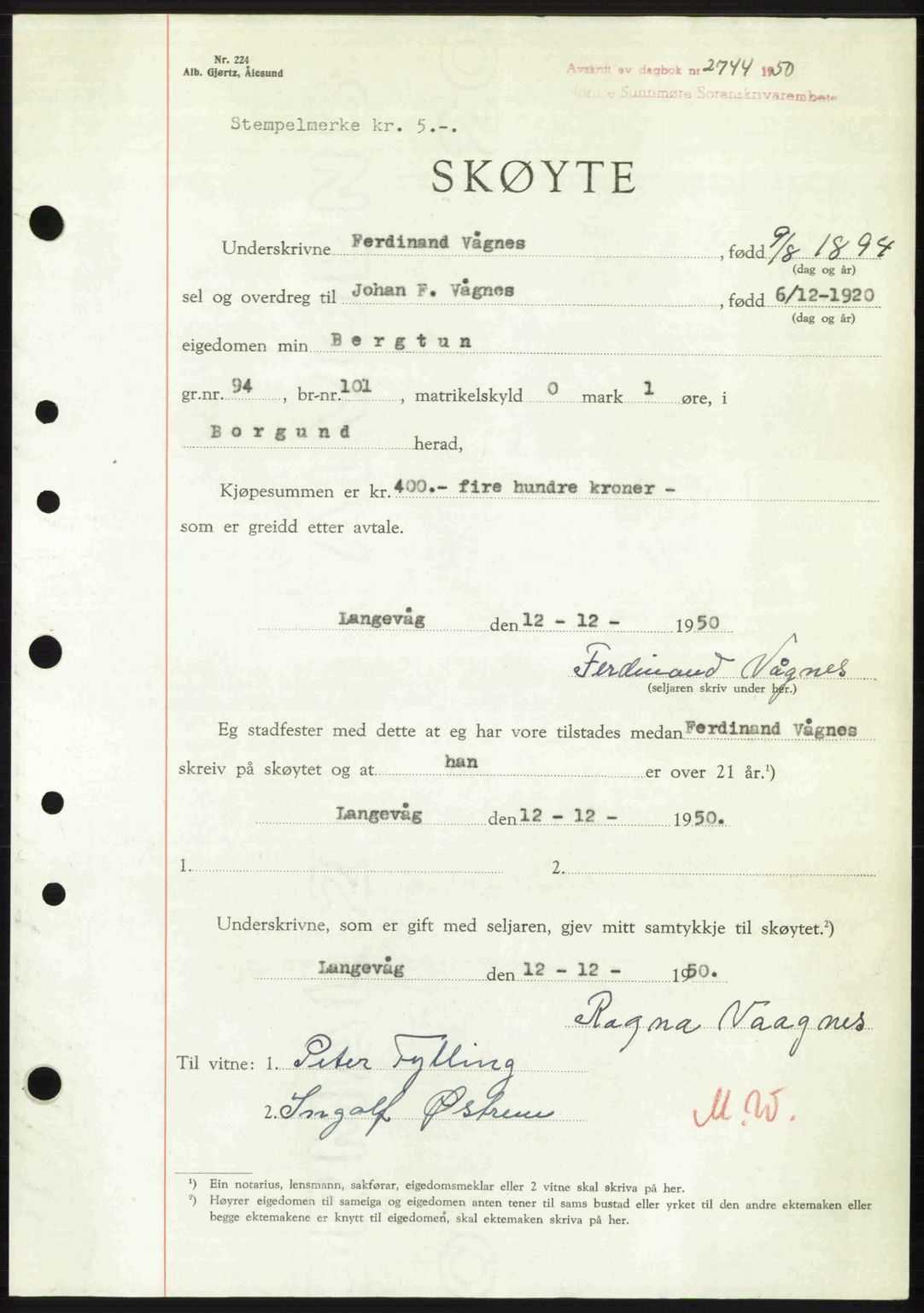 Nordre Sunnmøre sorenskriveri, AV/SAT-A-0006/1/2/2C/2Ca: Mortgage book no. A36, 1950-1950, Diary no: : 2744/1950