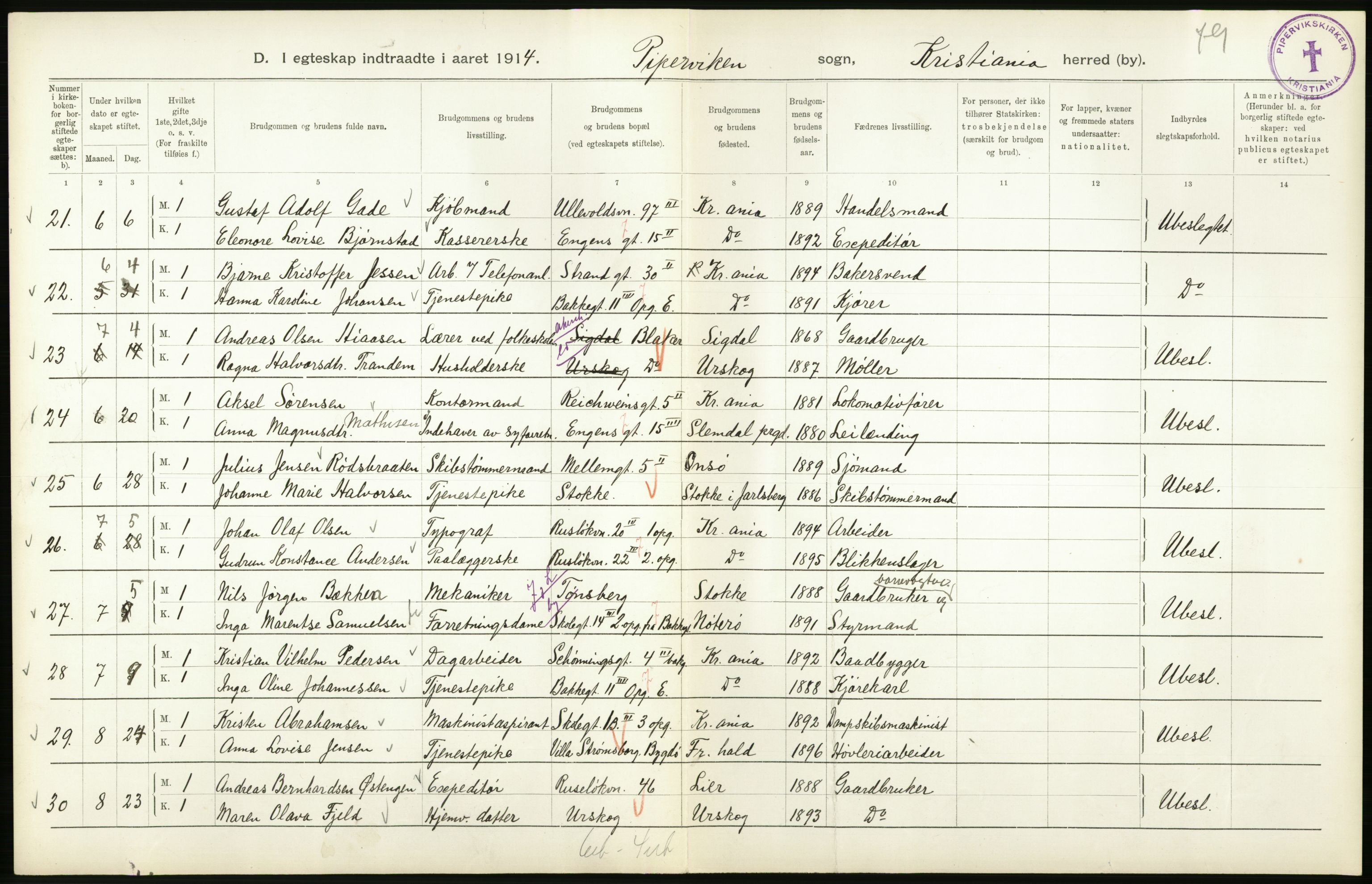 Statistisk sentralbyrå, Sosiodemografiske emner, Befolkning, RA/S-2228/D/Df/Dfb/Dfbd/L0007: Kristiania: Gifte, 1914, p. 94