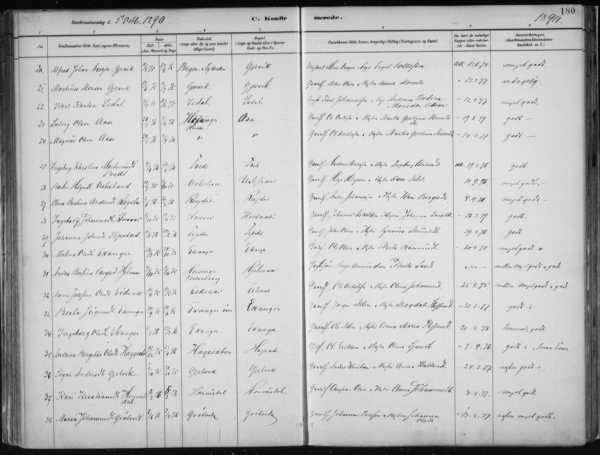 Hamre sokneprestembete, AV/SAB-A-75501/H/Ha/Haa/Haab/L0001: Parish register (official) no. B  1, 1882-1905, p. 180