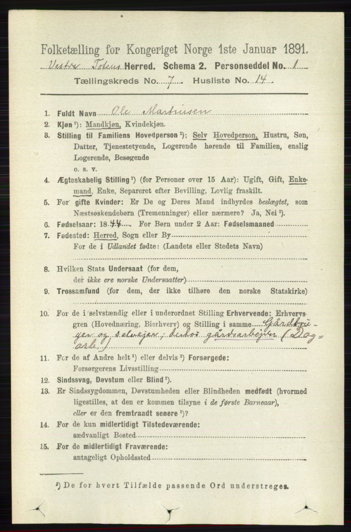 RA, 1891 census for 0529 Vestre Toten, 1891, p. 4460