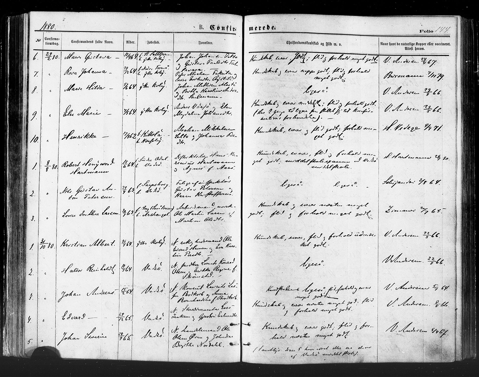 Vadsø sokneprestkontor, SATØ/S-1325/H/Ha/L0005kirke: Parish register (official) no. 5, 1873-1884, p. 144