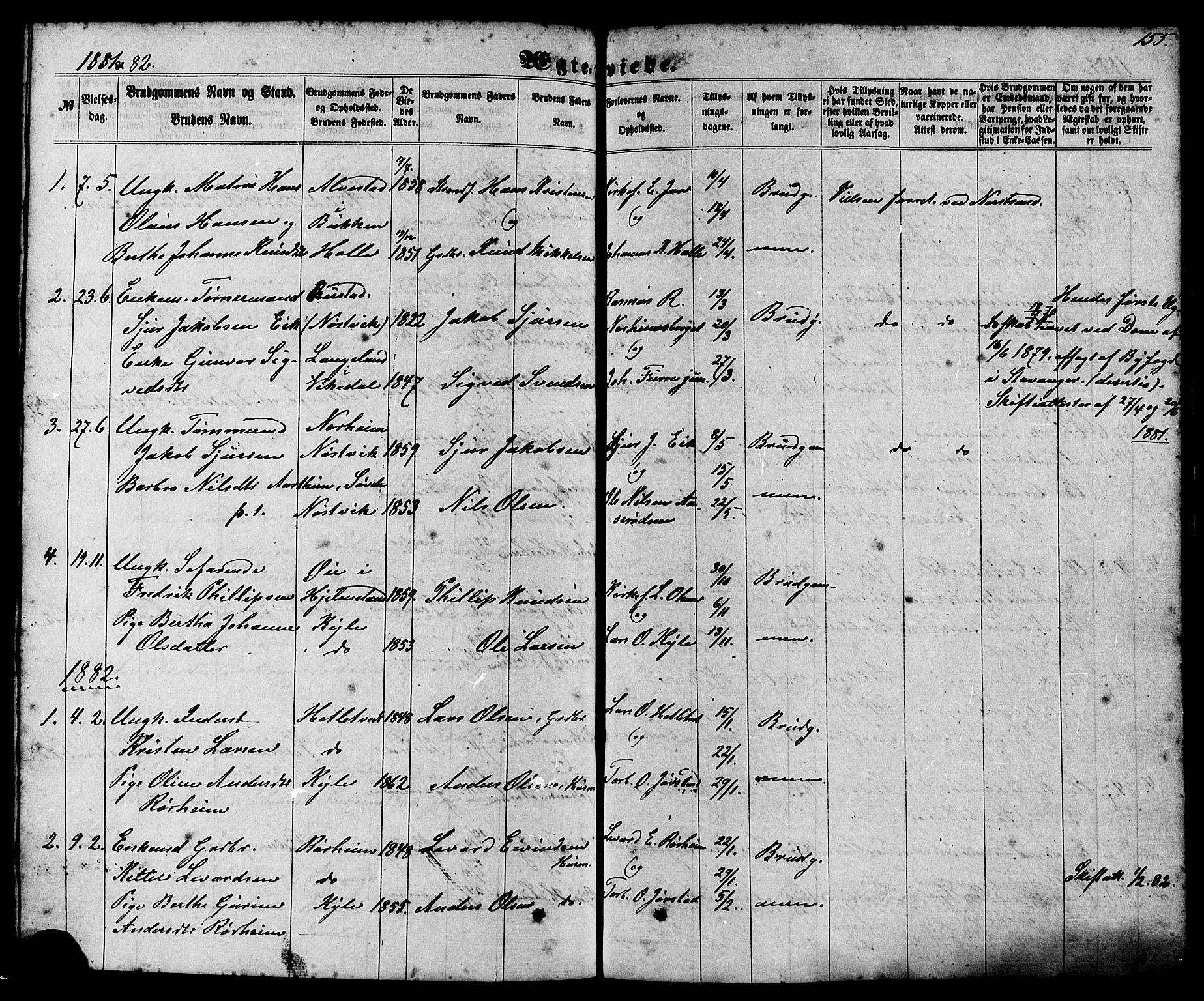 Nedstrand sokneprestkontor, AV/SAST-A-101841/01/IV: Parish register (official) no. A 10, 1861-1887, p. 155