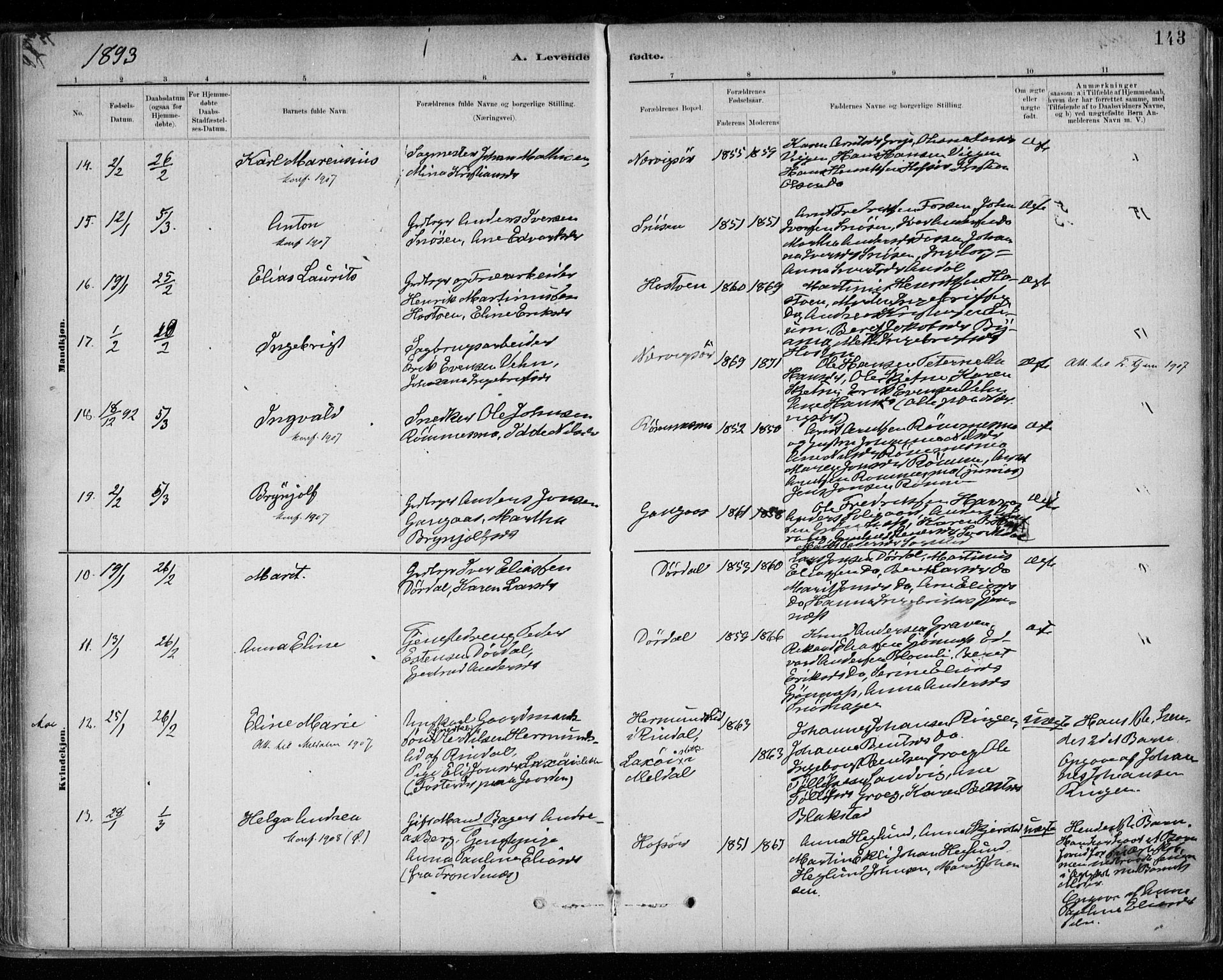 Ministerialprotokoller, klokkerbøker og fødselsregistre - Sør-Trøndelag, SAT/A-1456/668/L0809: Parish register (official) no. 668A09, 1881-1895, p. 143