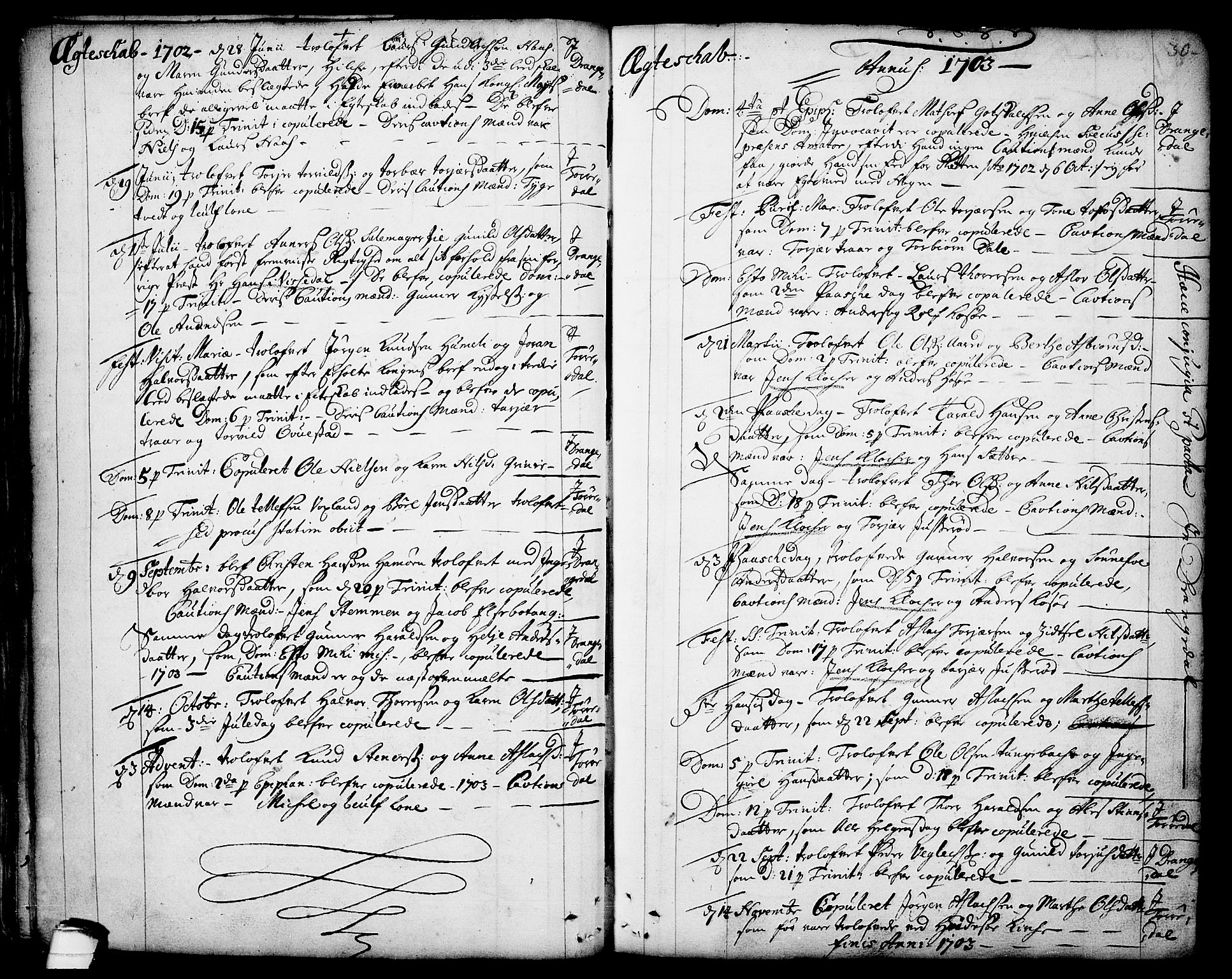 Drangedal kirkebøker, SAKO/A-258/F/Fa/L0001: Parish register (official) no. 1, 1697-1767, p. 30
