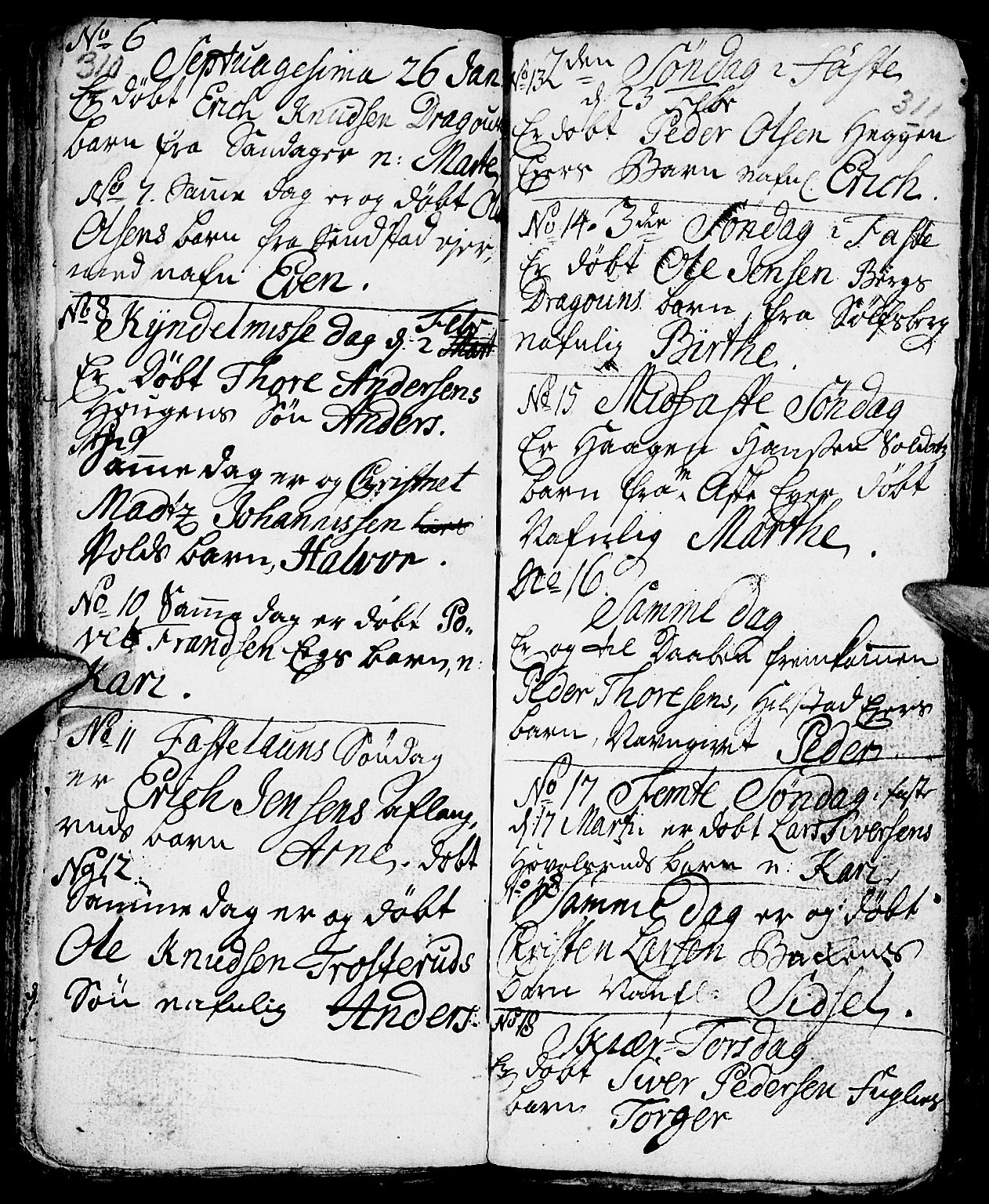 Nes prestekontor, Hedmark, AV/SAH-PREST-020/L/La/L0001: Parish register (copy) no. 1, 1663-1784, p. 310-311