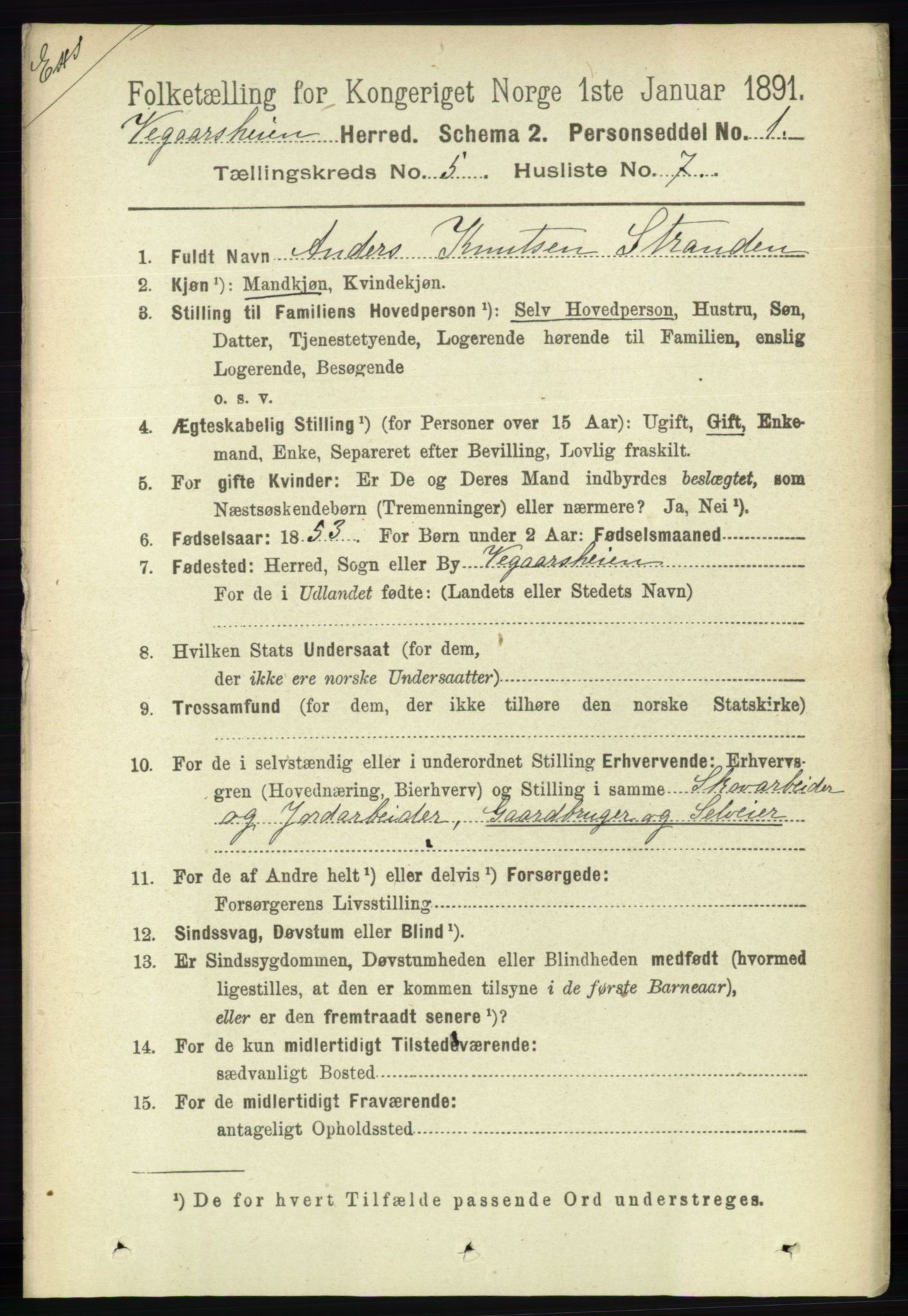 RA, Census 1891 for Nedenes amt: Gjenparter av personsedler for beslektede ektefeller, menn, 1891, p. 13