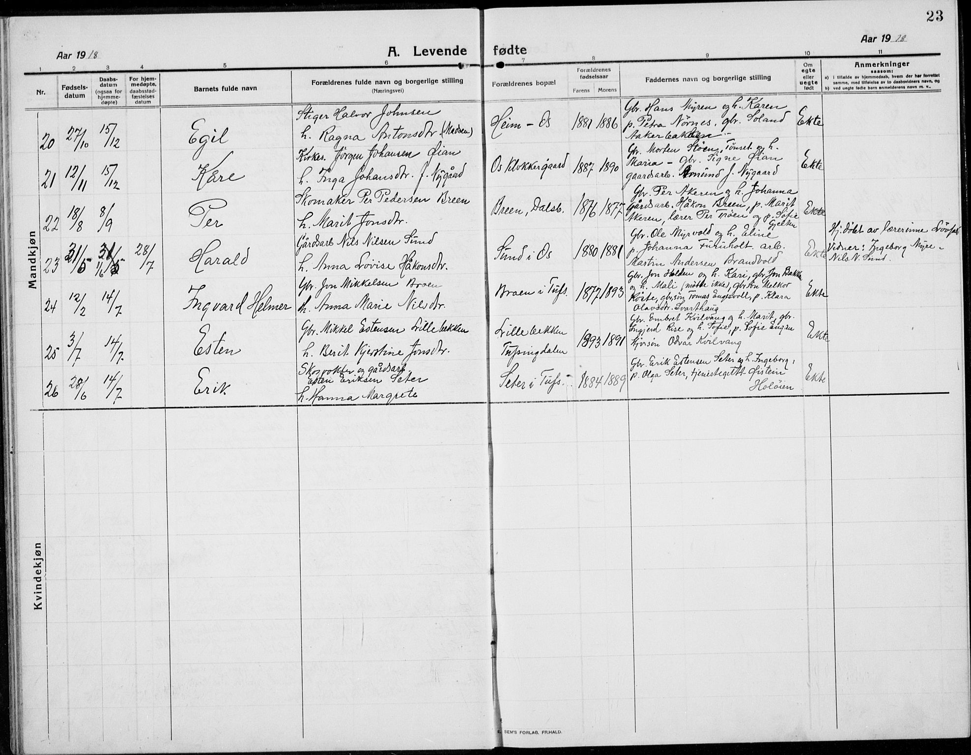 Tolga prestekontor, AV/SAH-PREST-062/L/L0014: Parish register (copy) no. 14, 1913-1936, p. 23