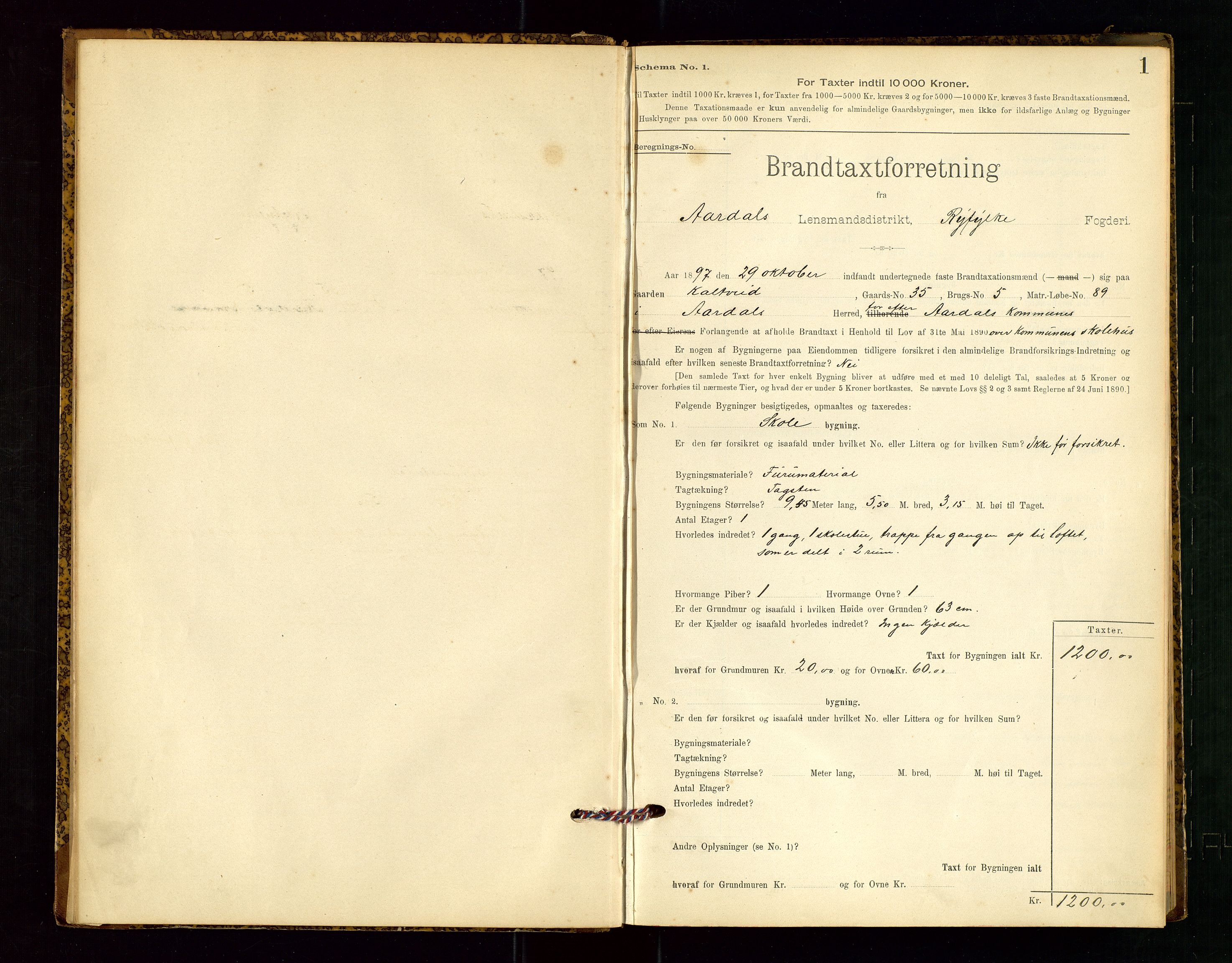 Årdal lensmannskontor, SAST/A-100453/Gob/L0001: "Brandtaxationsprotokol", 1897-1950, p. 1