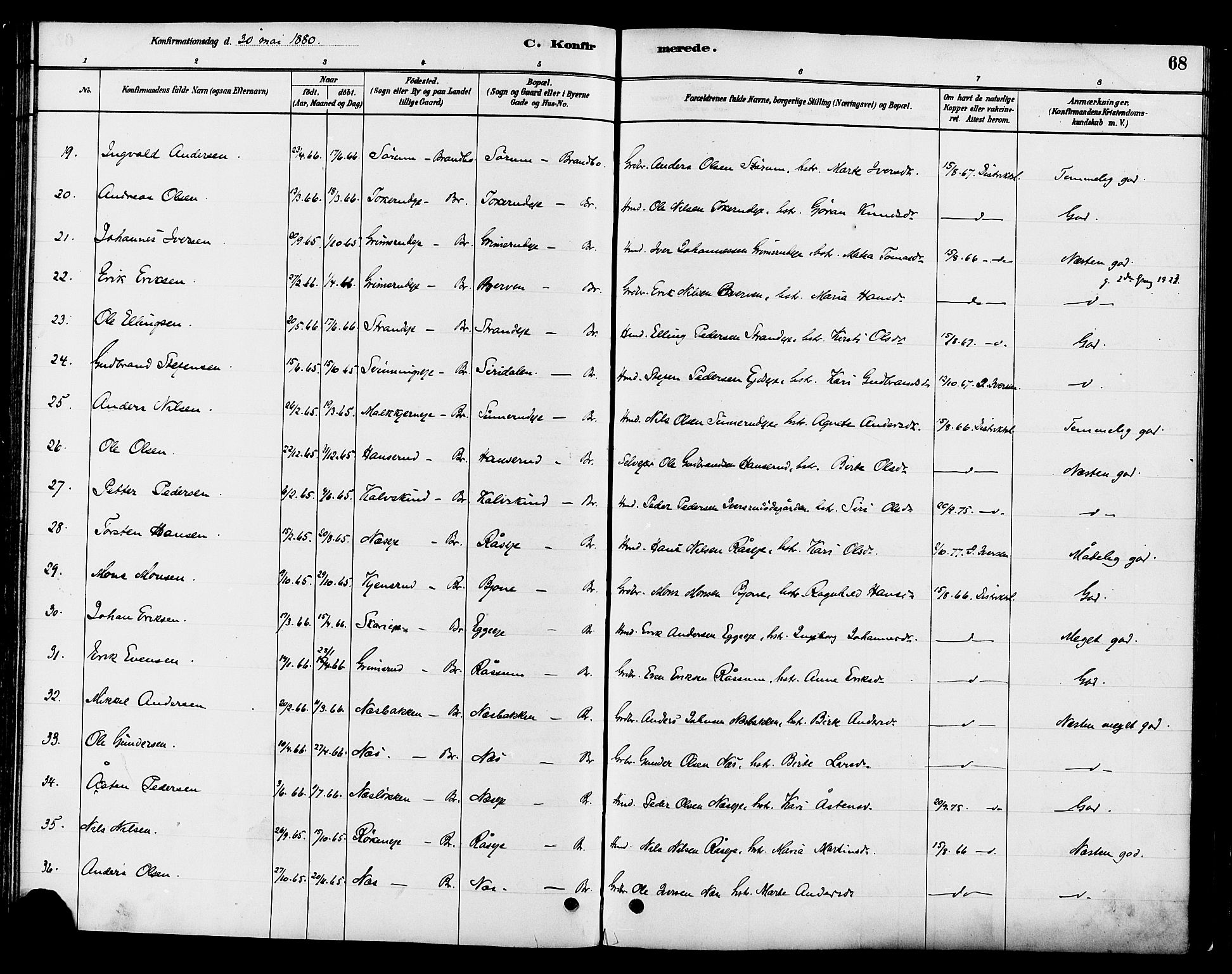 Gran prestekontor, SAH/PREST-112/H/Ha/Haa/L0016: Parish register (official) no. 16, 1880-1888, p. 68