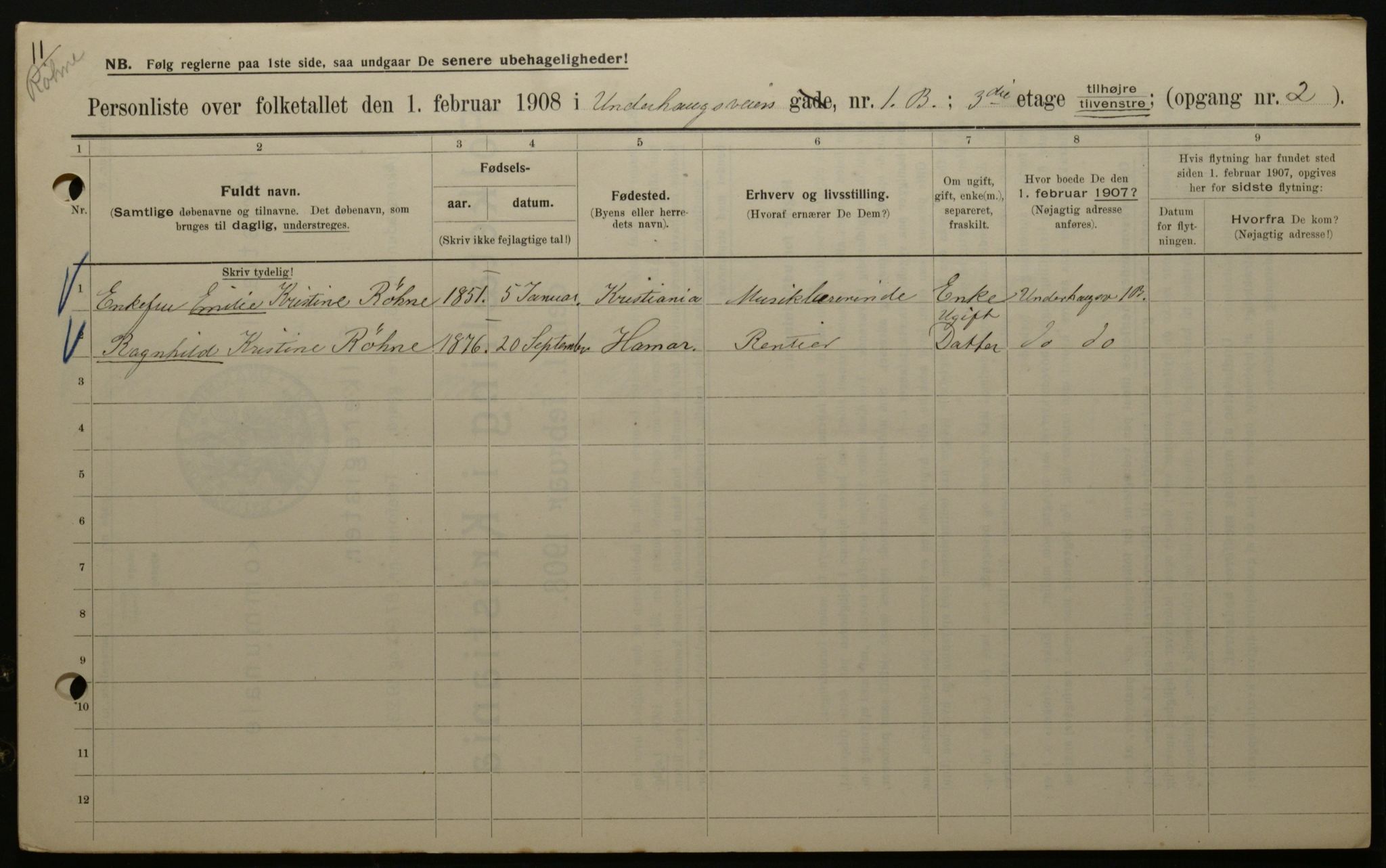 OBA, Municipal Census 1908 for Kristiania, 1908, p. 107498