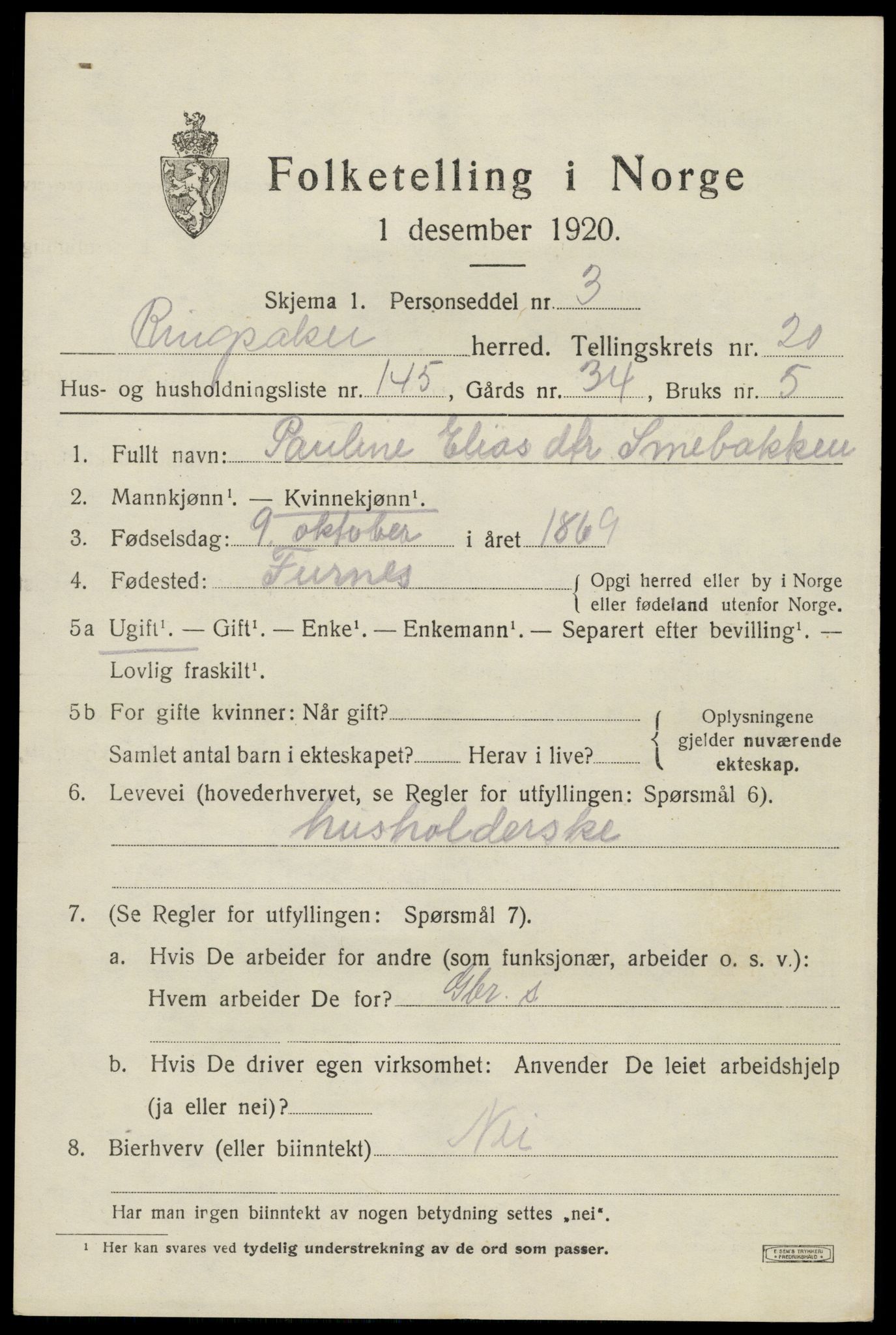 SAH, 1920 census for Ringsaker, 1920, p. 28550