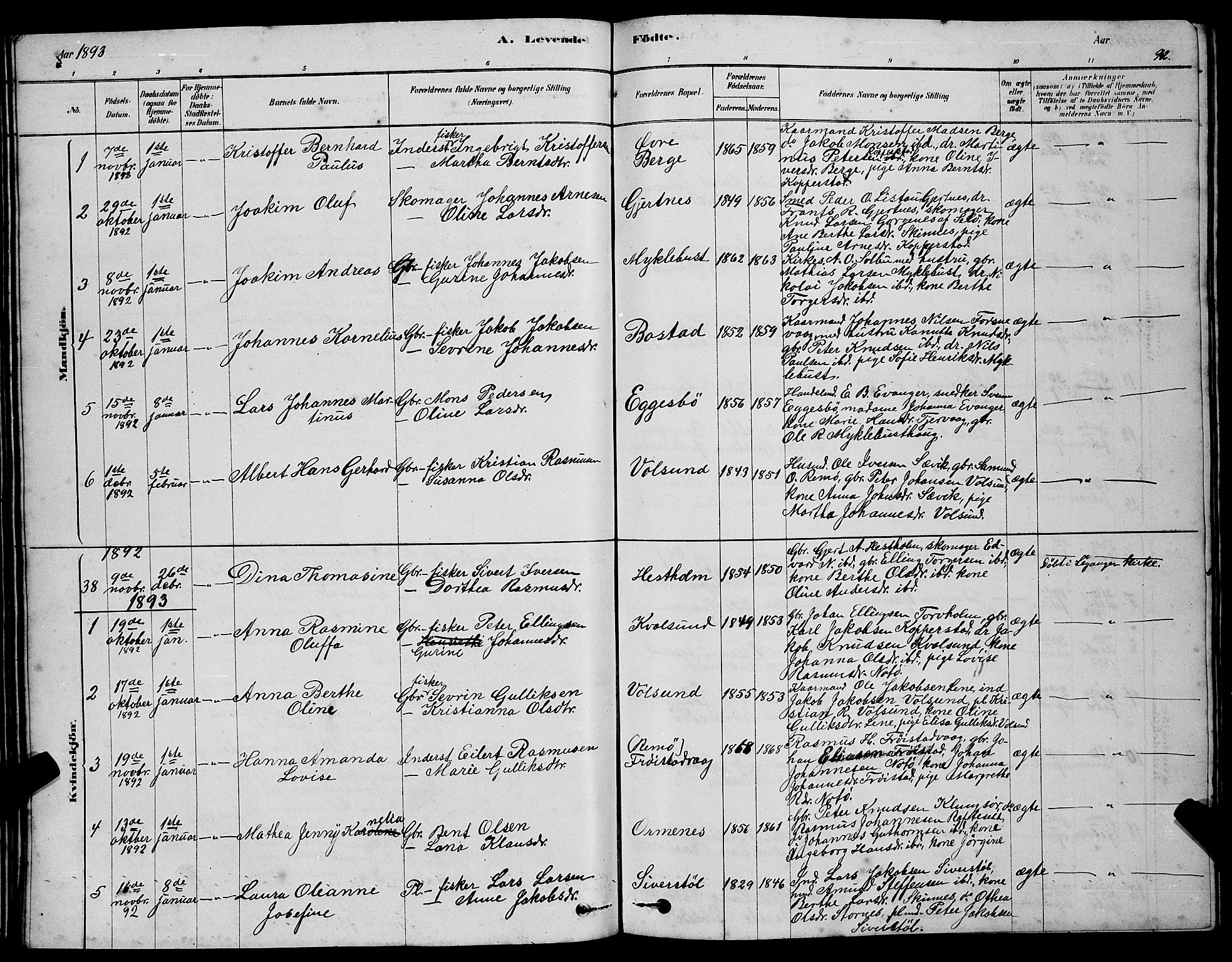 Ministerialprotokoller, klokkerbøker og fødselsregistre - Møre og Romsdal, SAT/A-1454/507/L0081: Parish register (copy) no. 507C04, 1878-1898, p. 92