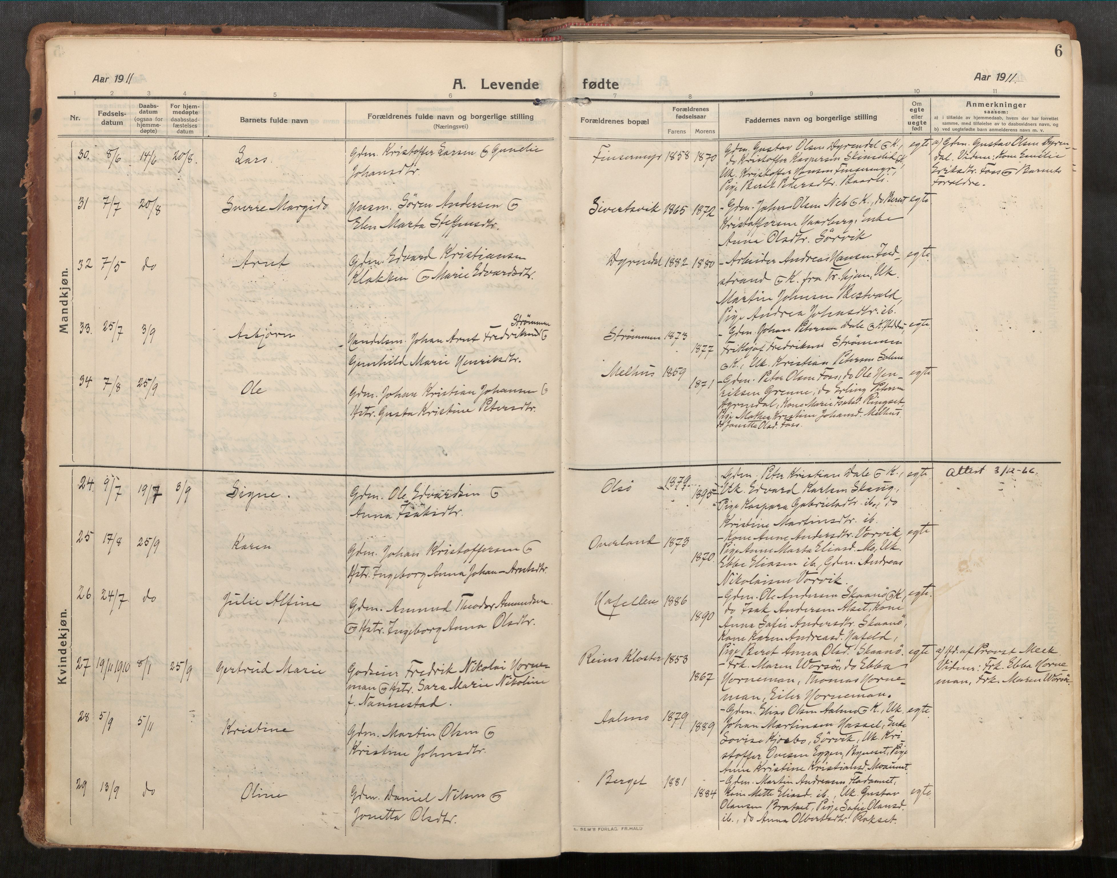 Stadsbygd sokneprestkontor, AV/SAT-A-1117/1/I/I1/I1a/L0001: Parish register (official) no. 1, 1911-1929, p. 6