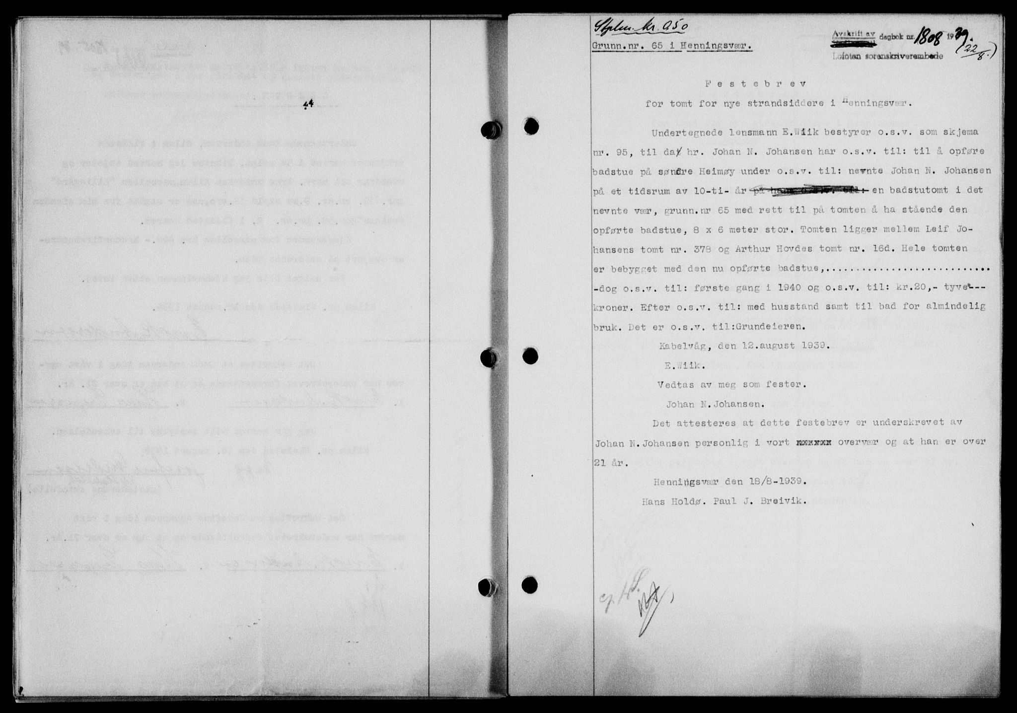 Lofoten sorenskriveri, SAT/A-0017/1/2/2C/L0006a: Mortgage book no. 6a, 1939-1939, Diary no: : 1808/1939
