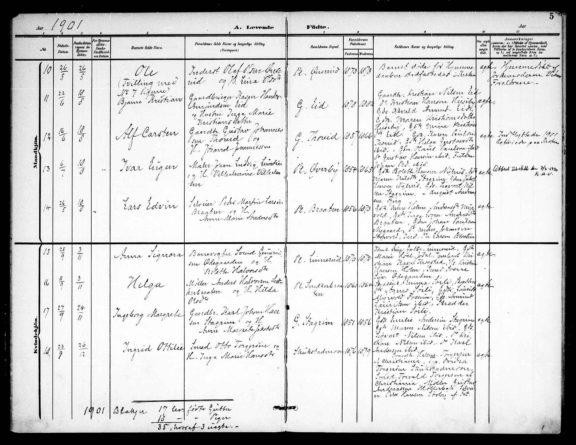Aurskog prestekontor Kirkebøker, AV/SAO-A-10304a/F/Fb/L0002: Parish register (official) no. II 2, 1901-1911, p. 5