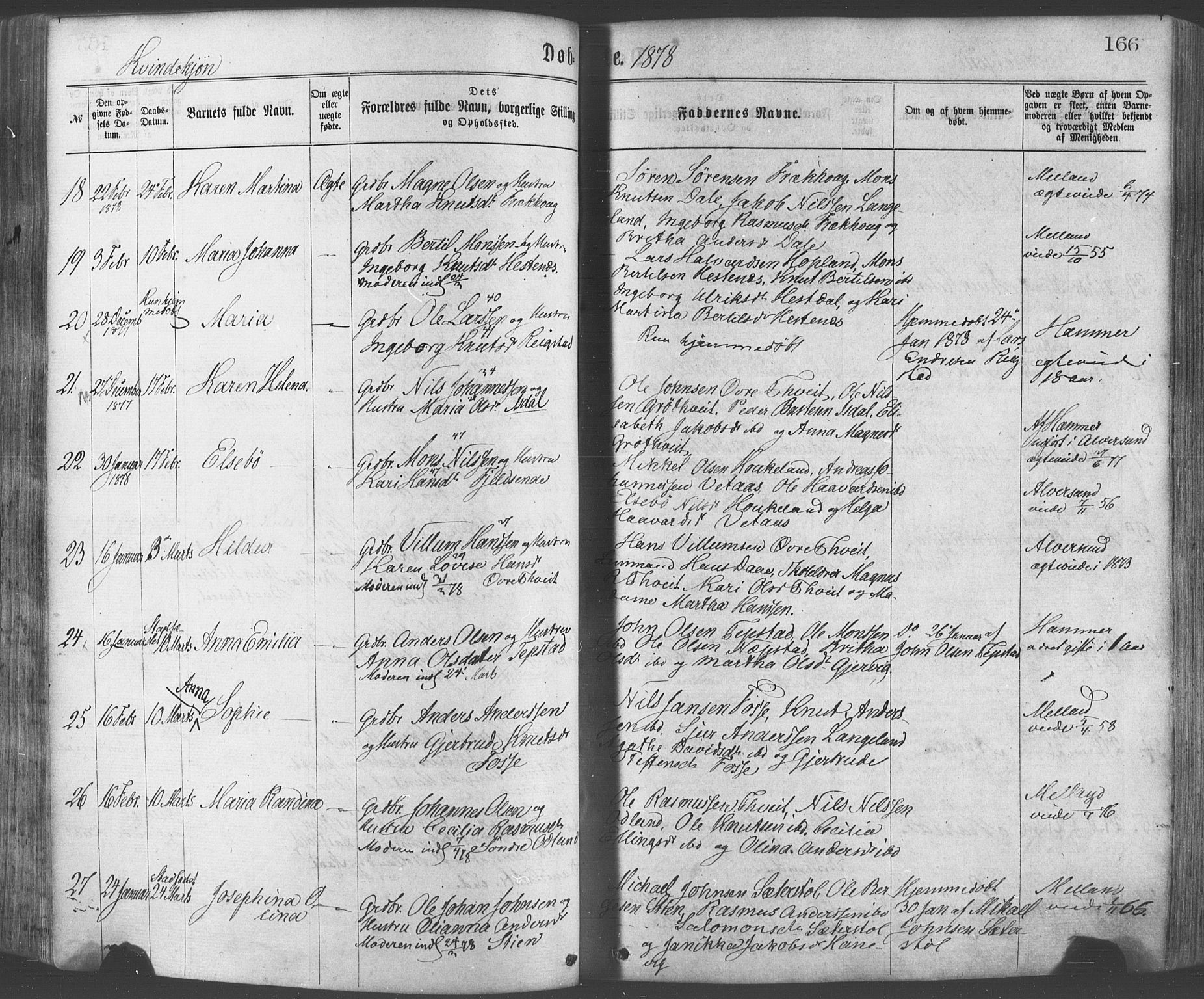 Hamre sokneprestembete, AV/SAB-A-75501/H/Ha/Haa/Haaa/L0015: Parish register (official) no. A 15, 1870-1881, p. 166