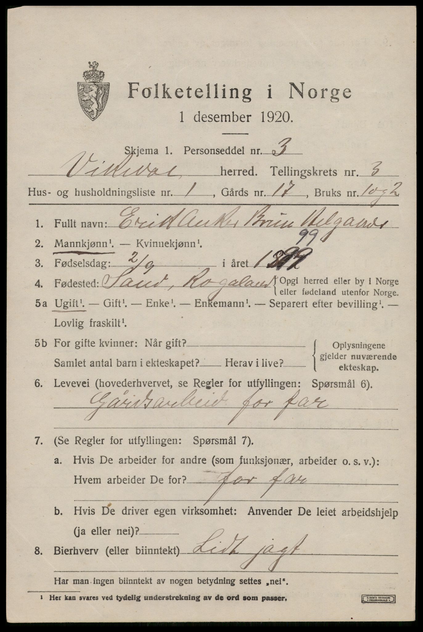 SAST, 1920 census for Vikedal, 1920, p. 1827