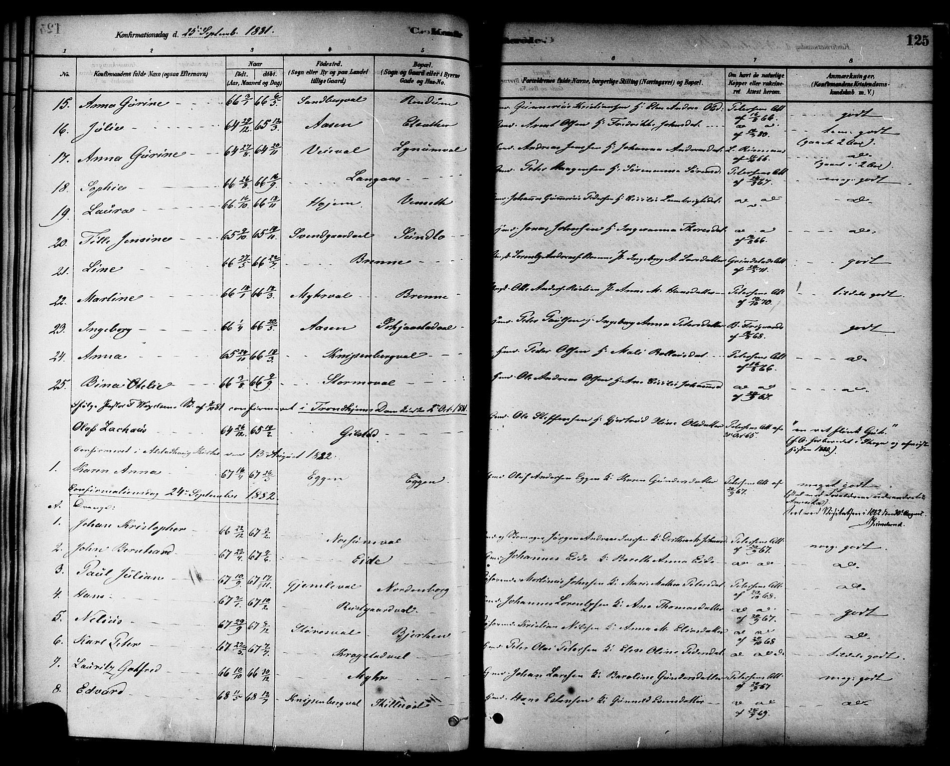 Ministerialprotokoller, klokkerbøker og fødselsregistre - Nord-Trøndelag, SAT/A-1458/717/L0159: Parish register (official) no. 717A09, 1878-1898, p. 125