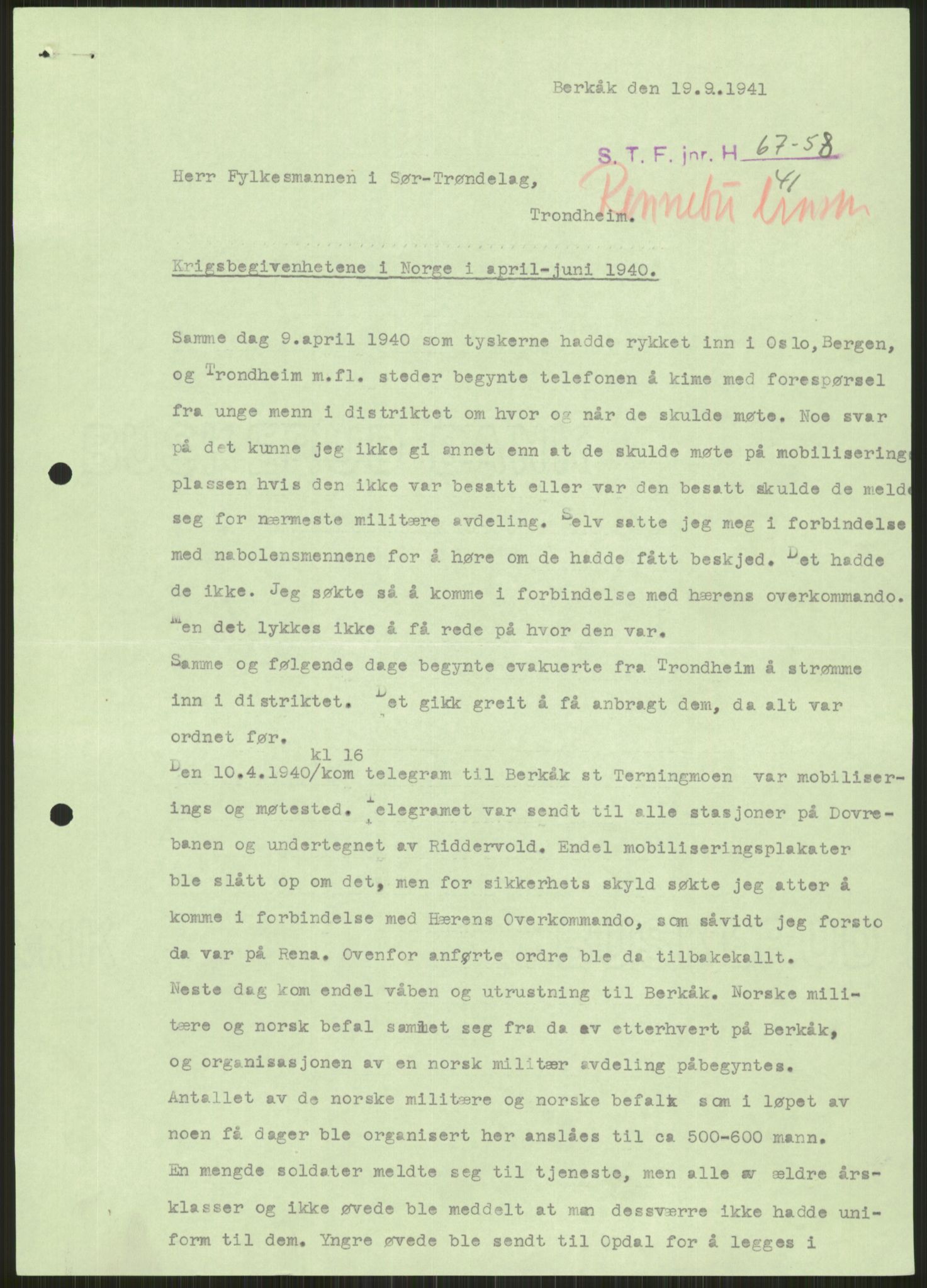 Forsvaret, Forsvarets krigshistoriske avdeling, AV/RA-RAFA-2017/Y/Ya/L0016: II-C-11-31 - Fylkesmenn.  Rapporter om krigsbegivenhetene 1940., 1940, p. 89