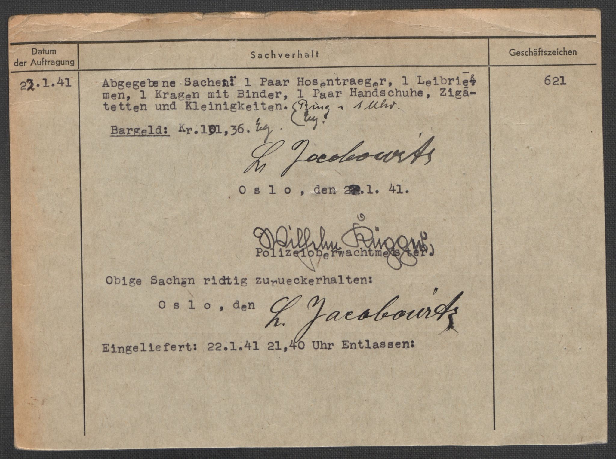 Befehlshaber der Sicherheitspolizei und des SD, RA/RAFA-5969/E/Ea/Eaa/L0005: Register over norske fanger i Møllergata 19: Hø-Kj, 1940-1945, p. 238