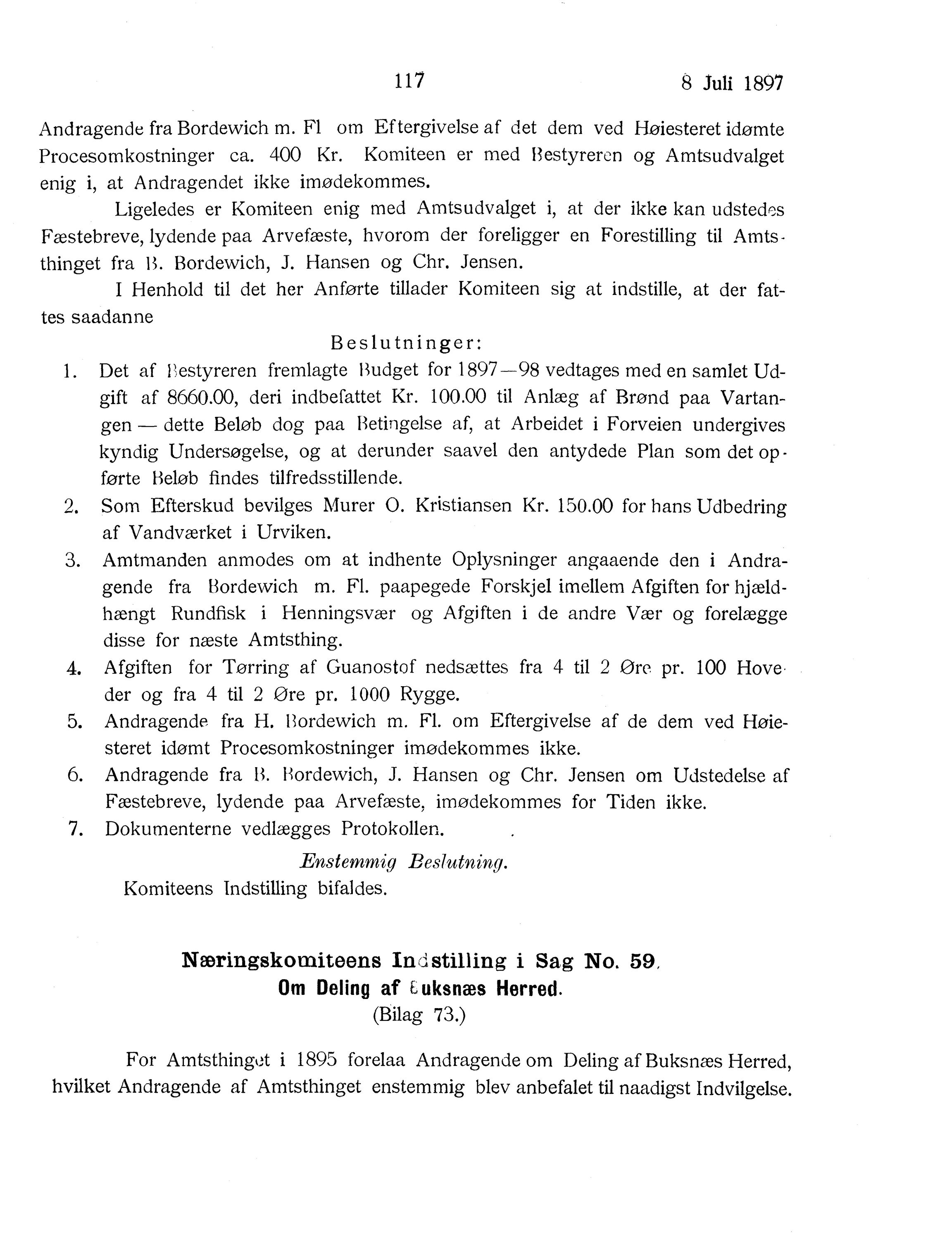 Nordland Fylkeskommune. Fylkestinget, AIN/NFK-17/176/A/Ac/L0020: Fylkestingsforhandlinger 1897, 1897