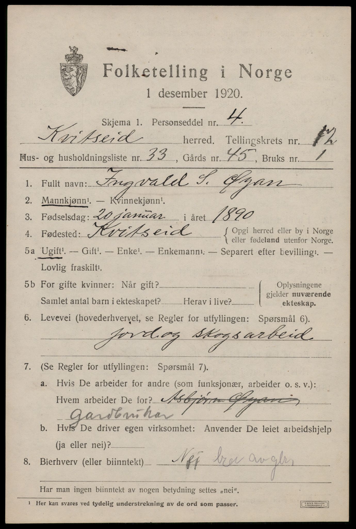 SAKO, 1920 census for Kviteseid, 1920, p. 6199