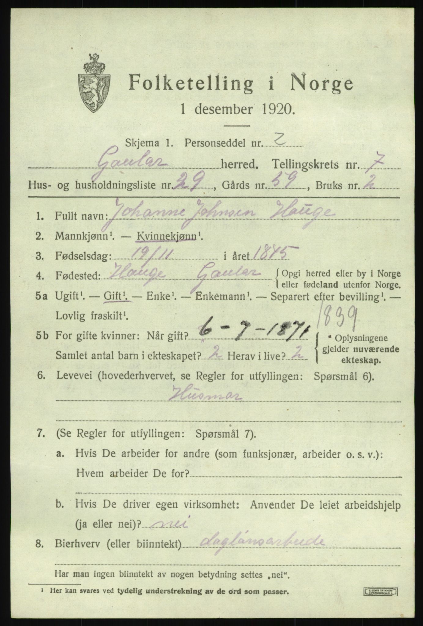 SAB, 1920 census for Gaular, 1920, p. 3798